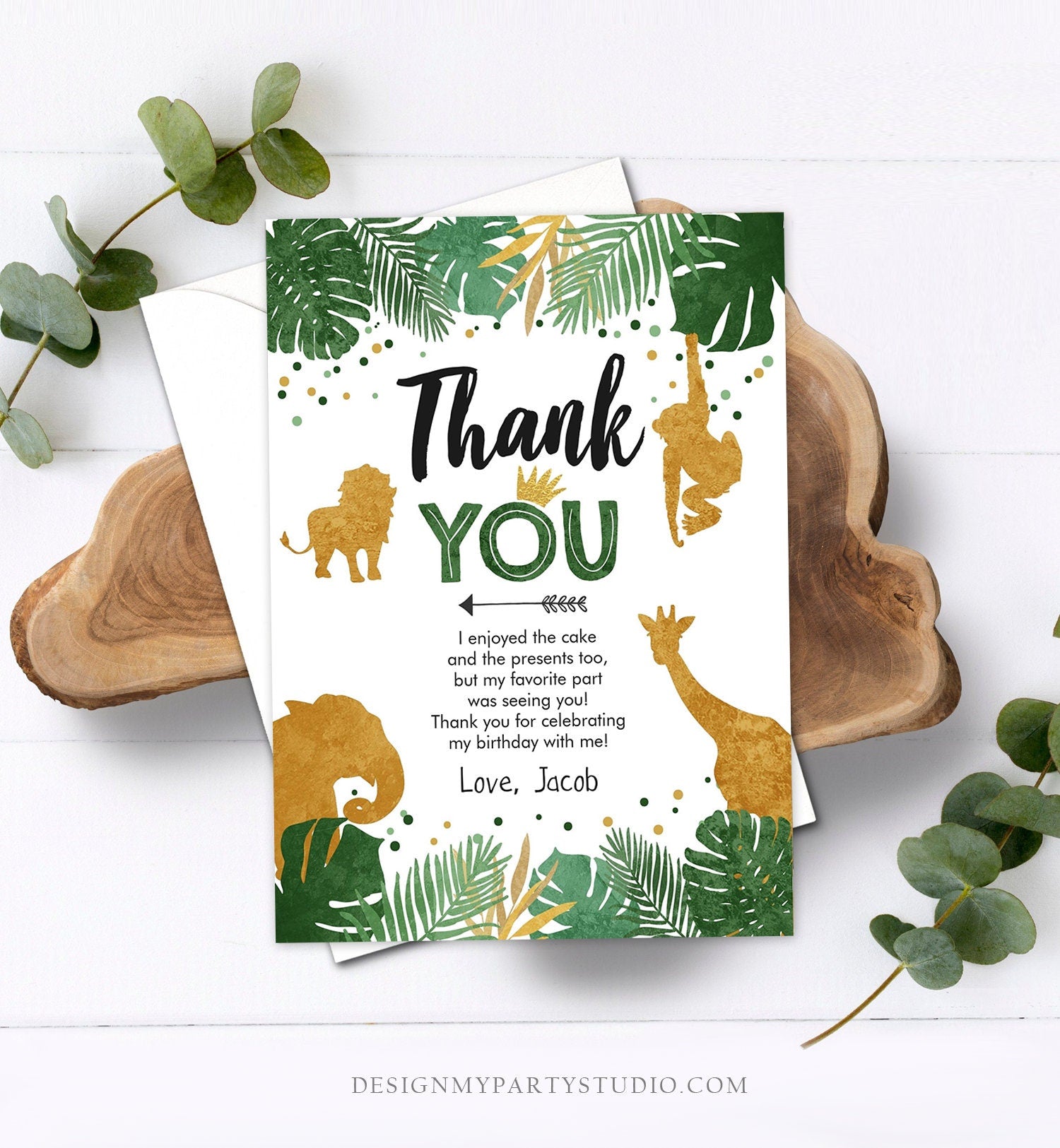 Editable Thank You Card Safari Animals Wild One Thank You Note Black Gold Photo Boy Jungle Zoo Animals Printable Corjl Template Digital 0016