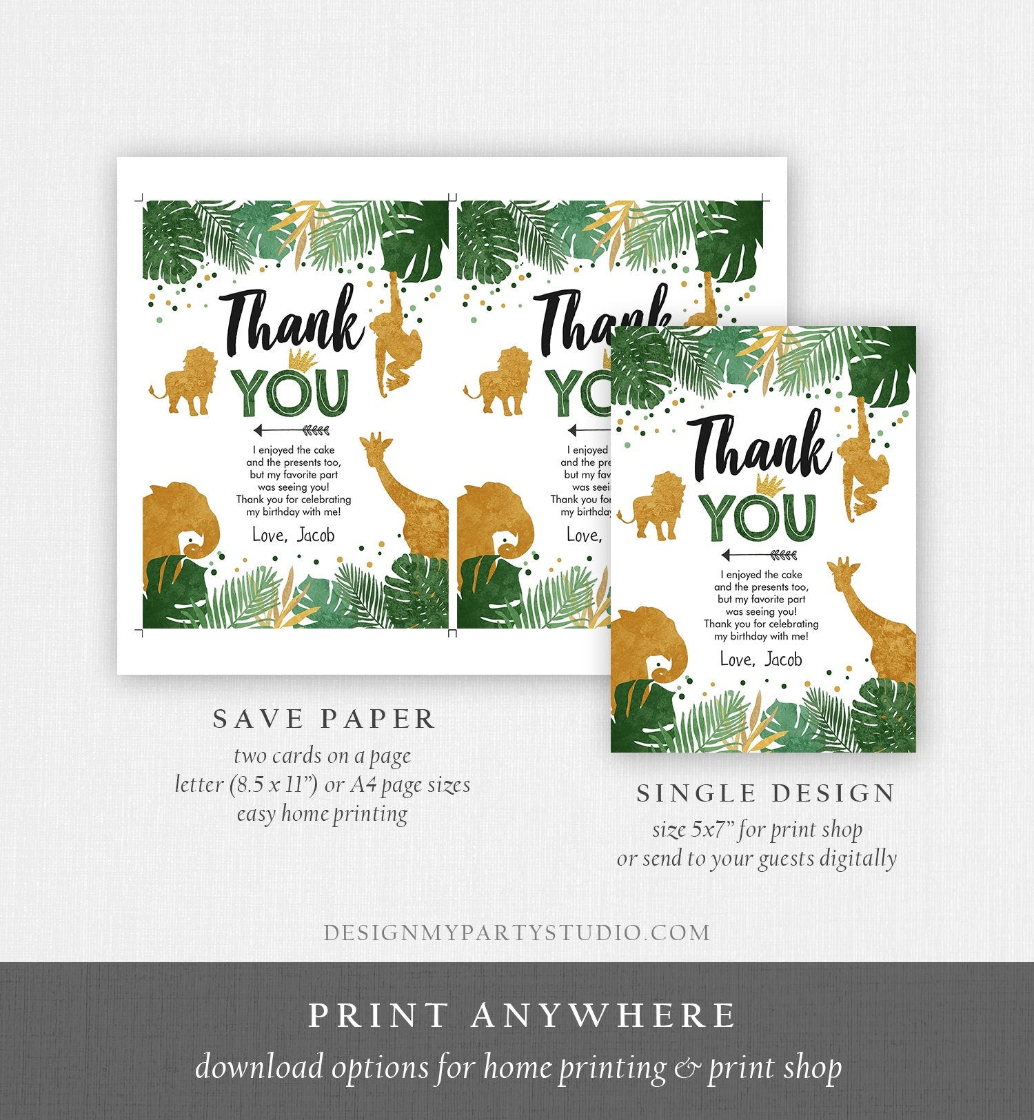 Editable Thank You Card Safari Animals Wild One Thank You Note Black Gold Photo Boy Jungle Zoo Animals Printable Corjl Template Digital 0016