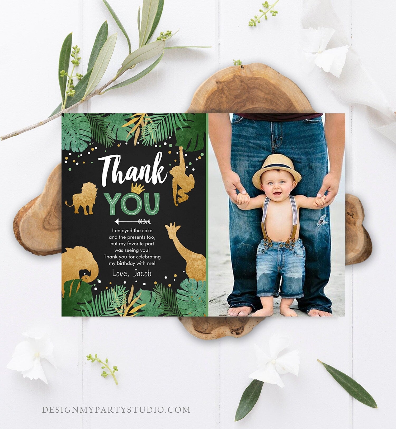 Editable Thank You Card Safari Animals Wild One Thank You Note Black Gold Photo Boy Jungle Zoo Animals Printable Corjl Template Digital 0016