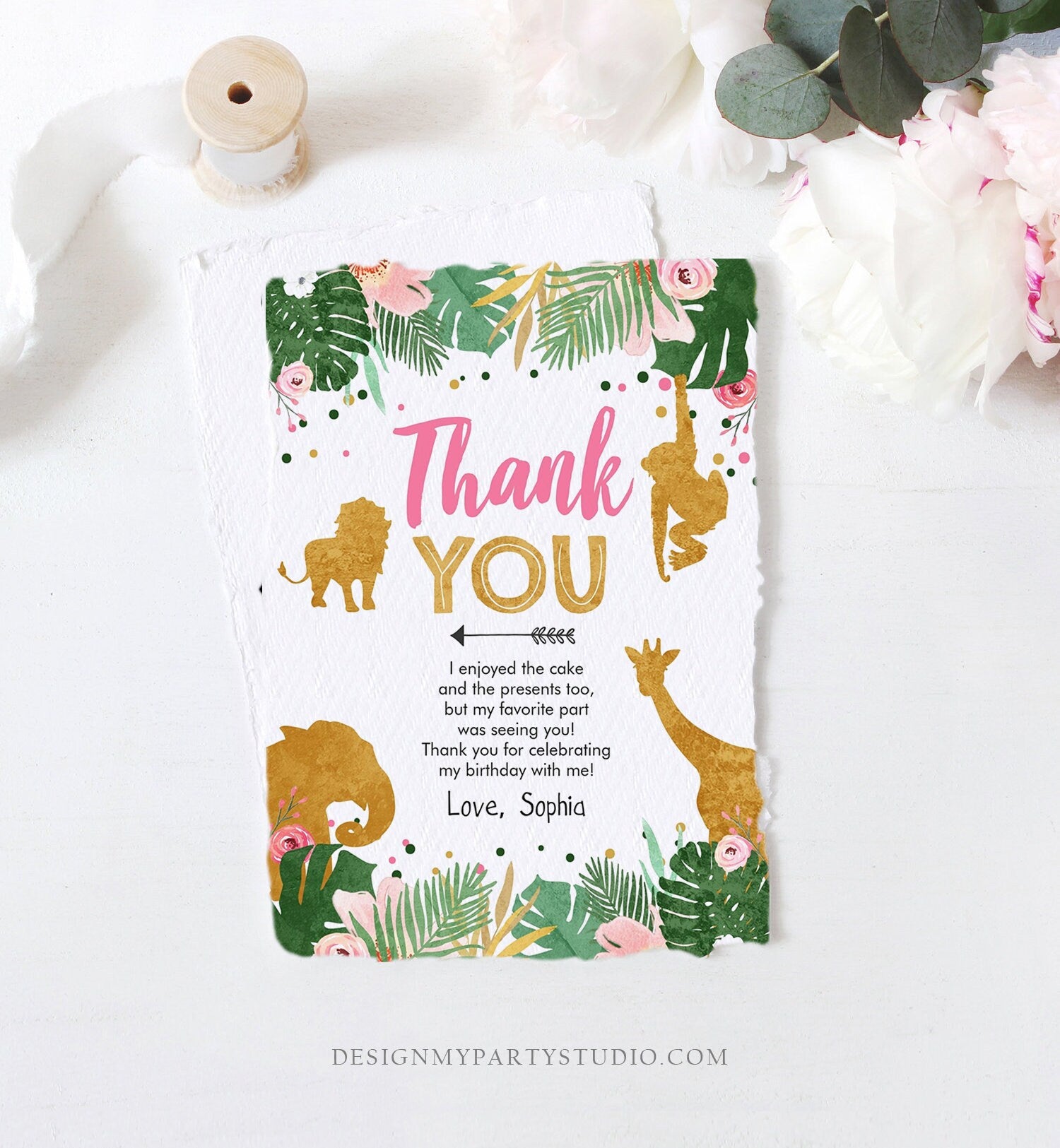 Editable Thank You Card Safari Animals Wild One Thank You Note Black Photo Girl Pink Gold Jungle Zoo Animals Corjl Template Digital 0016