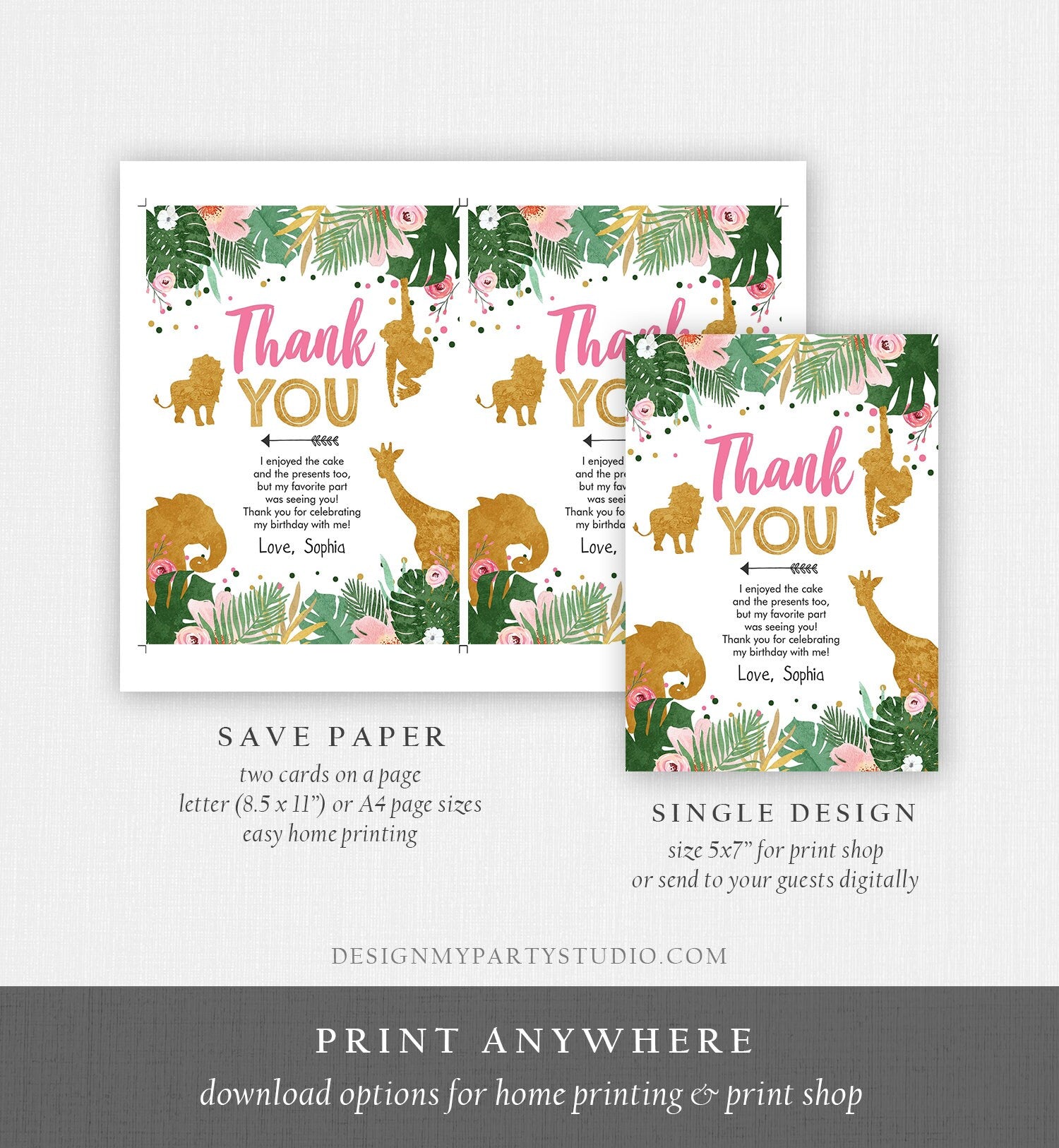 Editable Thank You Card Safari Animals Wild One Thank You Note Black Photo Girl Pink Gold Jungle Zoo Animals Corjl Template Digital 0016