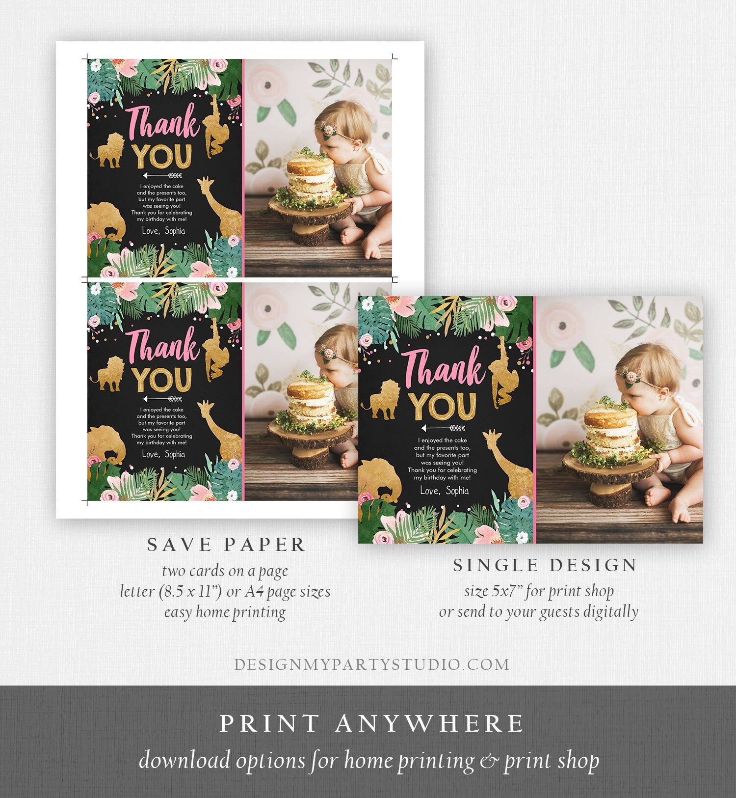 Editable Thank You Card Safari Animals Wild One Thank You Note Black Photo Girl Pink Gold Jungle Zoo Animals Corjl Template Digital 0016