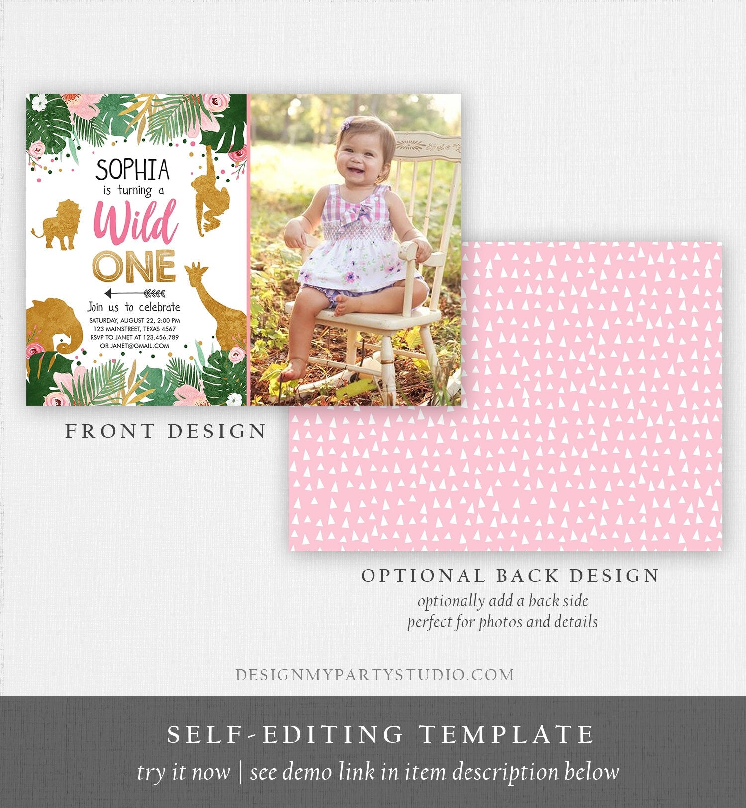 Editable Wild One Birthday Invitation Girl Safari Animals Jungle Zoo Party Animals Pink Gold Instant Download Printable Corjl Template 0016