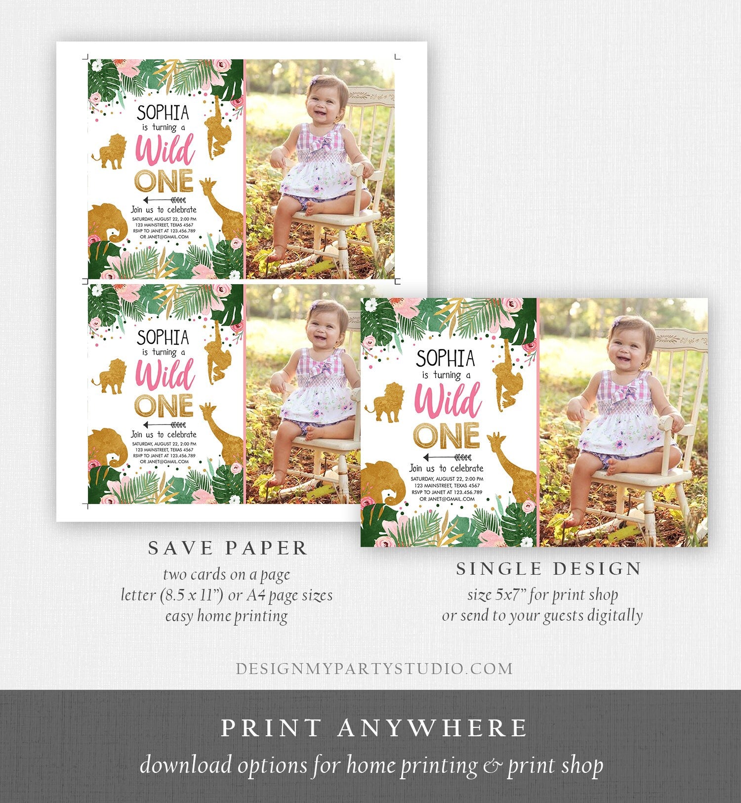 Editable Wild One Birthday Invitation Girl Safari Animals Jungle Zoo Party Animals Pink Gold Instant Download Printable Corjl Template 0016