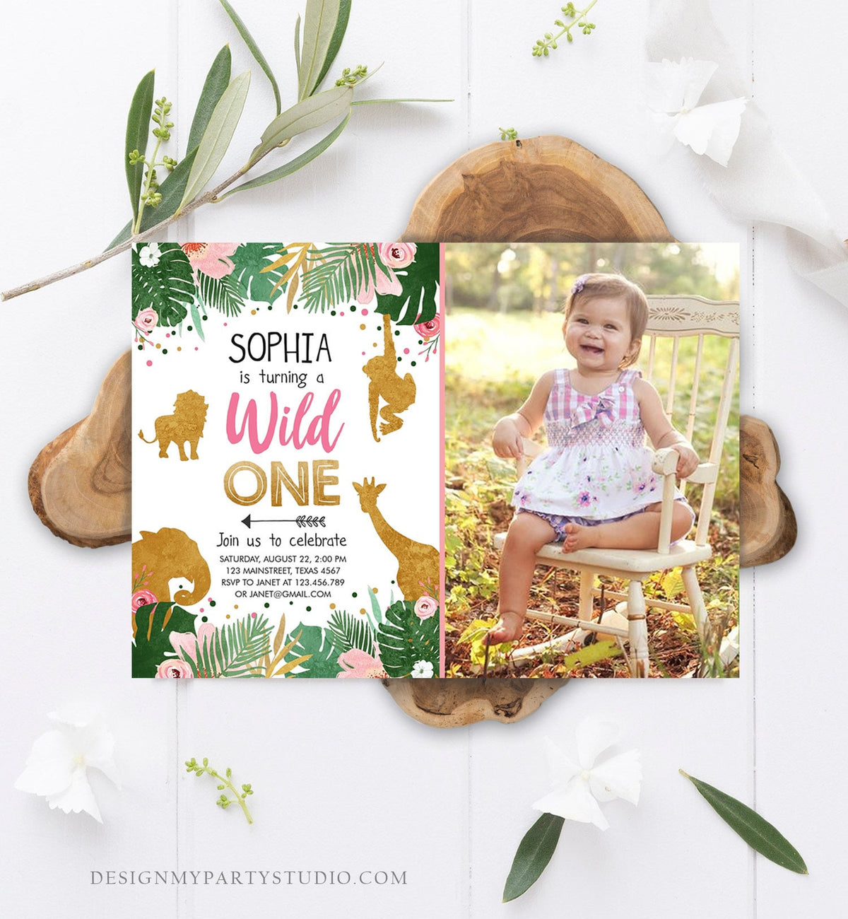 Editable Wild One Birthday Invitation Girl Safari Animals Jungle Zoo Party Animals Pink Gold Instant Download Printable Corjl Template 0016