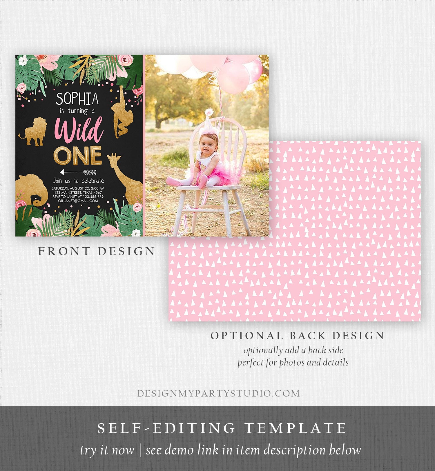 Editable Wild One Birthday Invitation Girl Safari Animals Jungle Party Animals Pink Gold First Birthday 1st Printable Corjl Template 0016