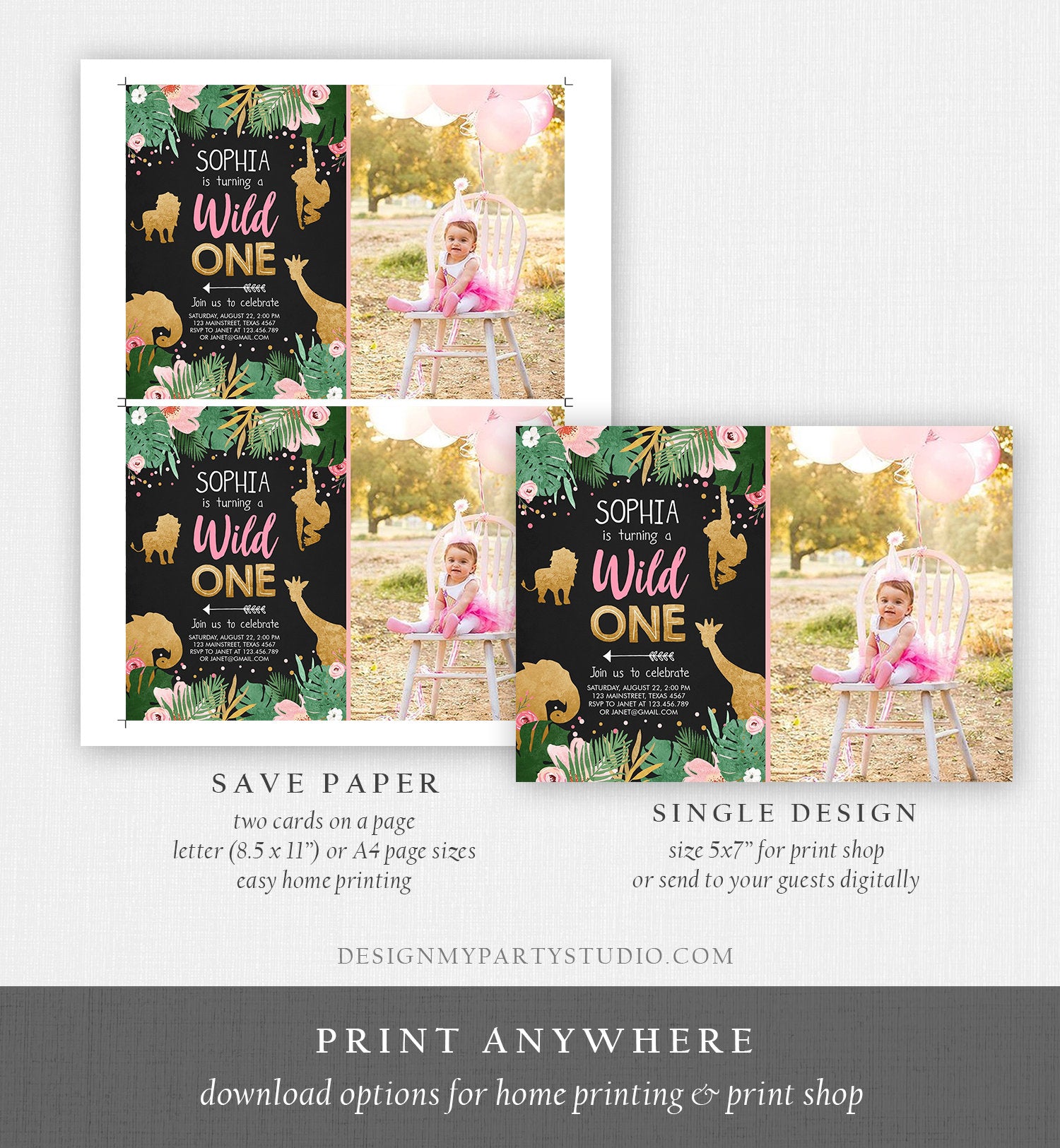 Editable Wild One Birthday Invitation Girl Safari Animals Jungle Party Animals Pink Gold First Birthday 1st Printable Corjl Template 0016