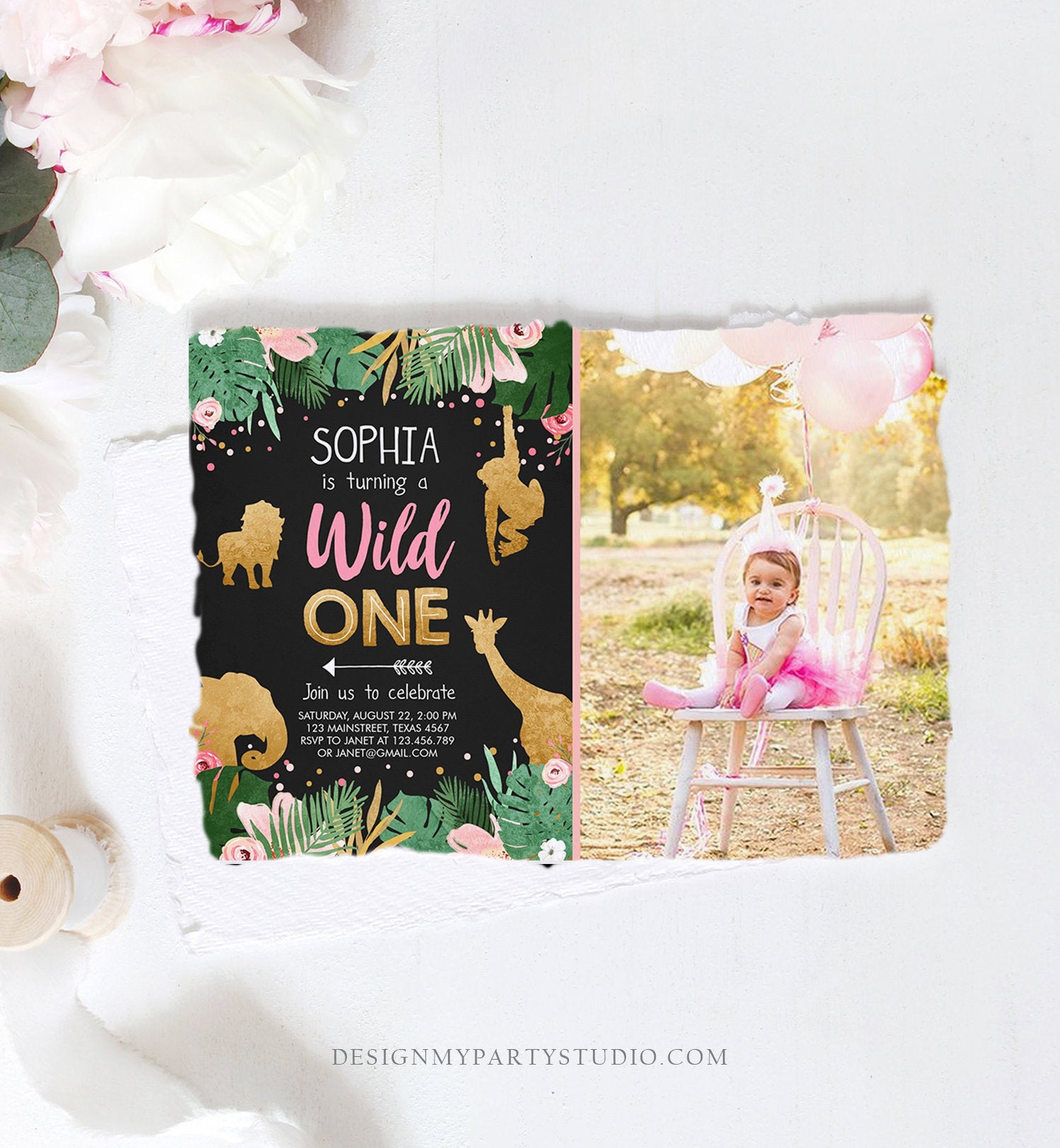 Editable Wild One Birthday Invitation Girl Safari Animals Jungle Party Animals Pink Gold First Birthday 1st Printable Corjl Template 0016