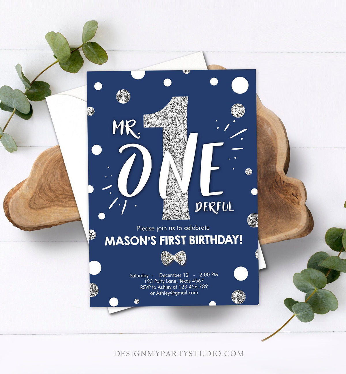 Editable Mr Onederful Birthday Invitation Navy Blue Silver Birthday Bow Tie Confetti Boy Birthday Download Printable Template Corjl 0072