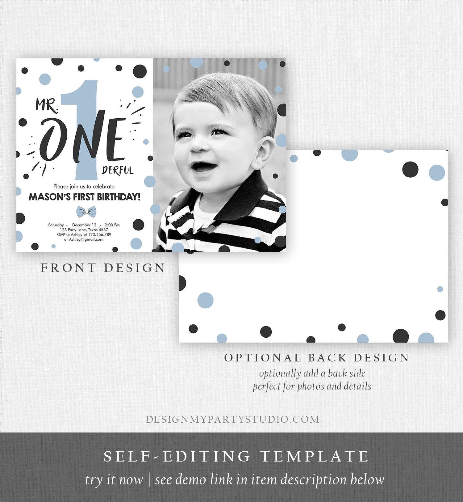 Editable Mr Onederful Birthday Invitation Black and Blue Boy Birthday Bow Tie Confetti 1st Birthday Printable Template Digital Corjl 0072