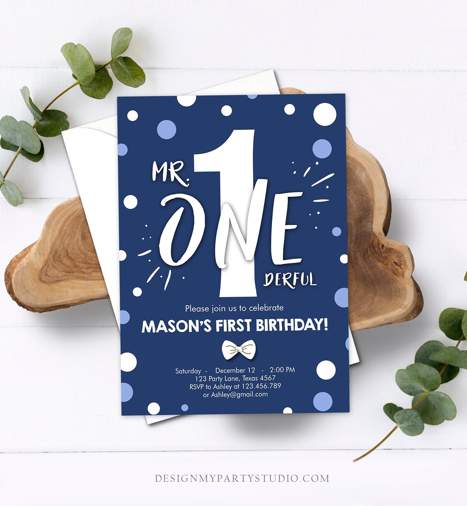 Editable Mr Onederful Birthday Invitation Navy Blue First Birthday Bow Tie Confetti Boy First Birthday Printable Template Digital Corjl 0072