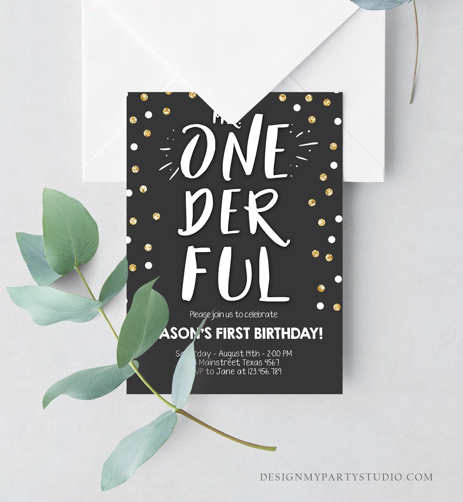 Editable Mr Onederful Birthday Invitation Black and Gold Boy Birthday Bow Tie Confetti 1st Birthday Download Template Digital Corjl 0072