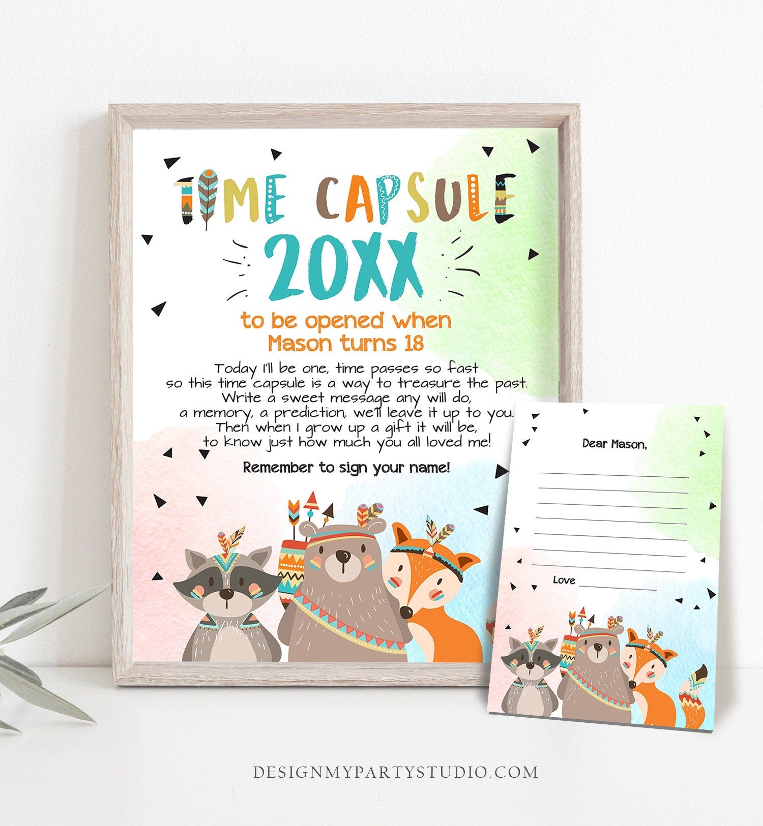 Editable Tribal Woodland Time Capsule First Birthday Party Wild One Birthday Party Boy Guestbook Tribal Template Printable Corjl 0061