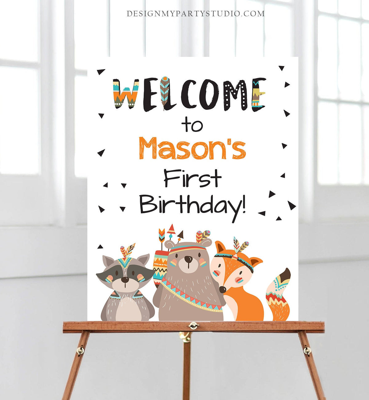 Editable Welcome Sign Tribal Woodland Wild One Birthday Party Welcome Boy First Birthday Tribal Animals Template PRINTABLE Corjl 0061