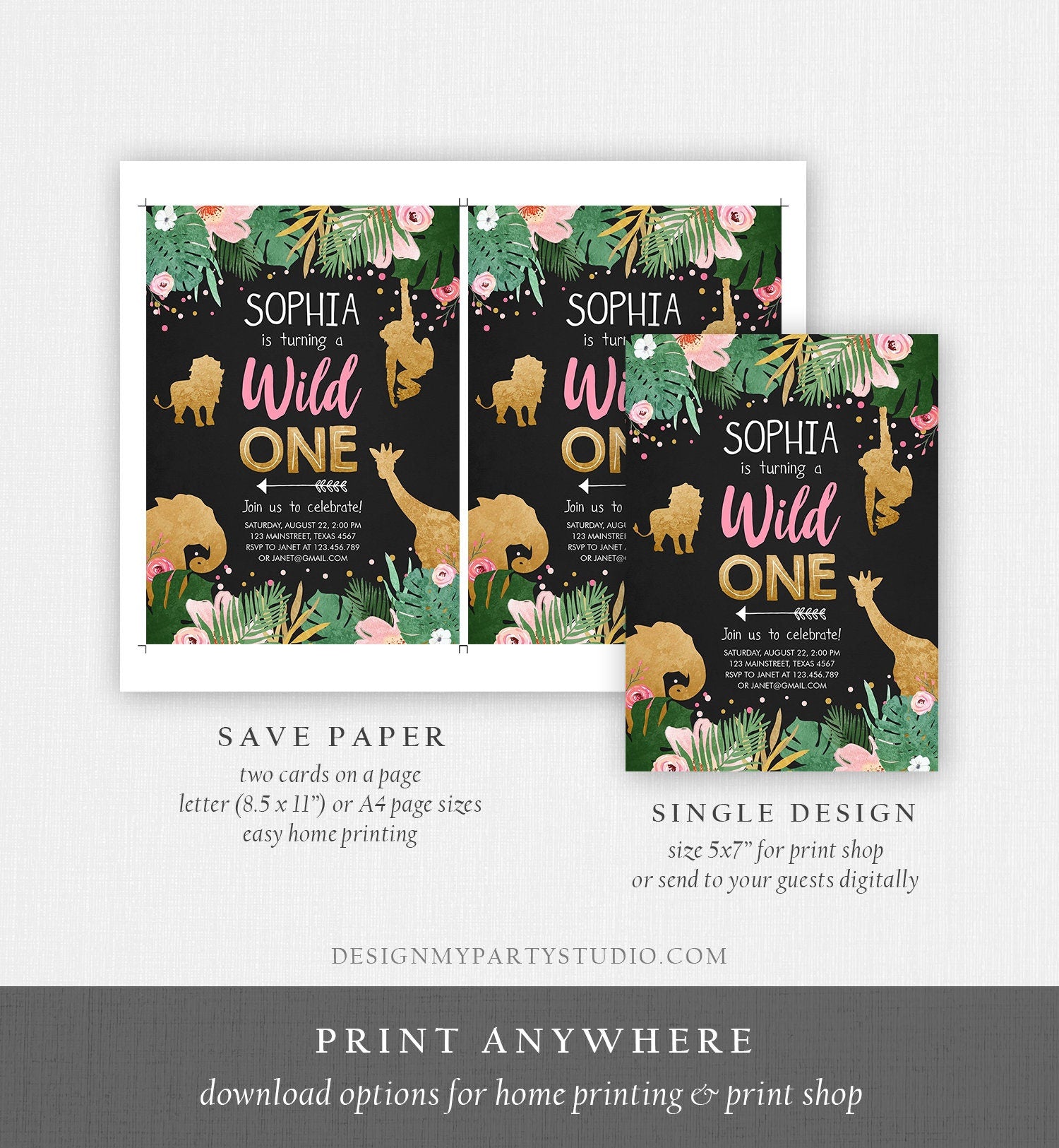 Editable Wild One Birthday Invitation Girl Safari Animals Jungle Zoo Party Animals Pink Gold Instant Download Printable Corjl Template 0016