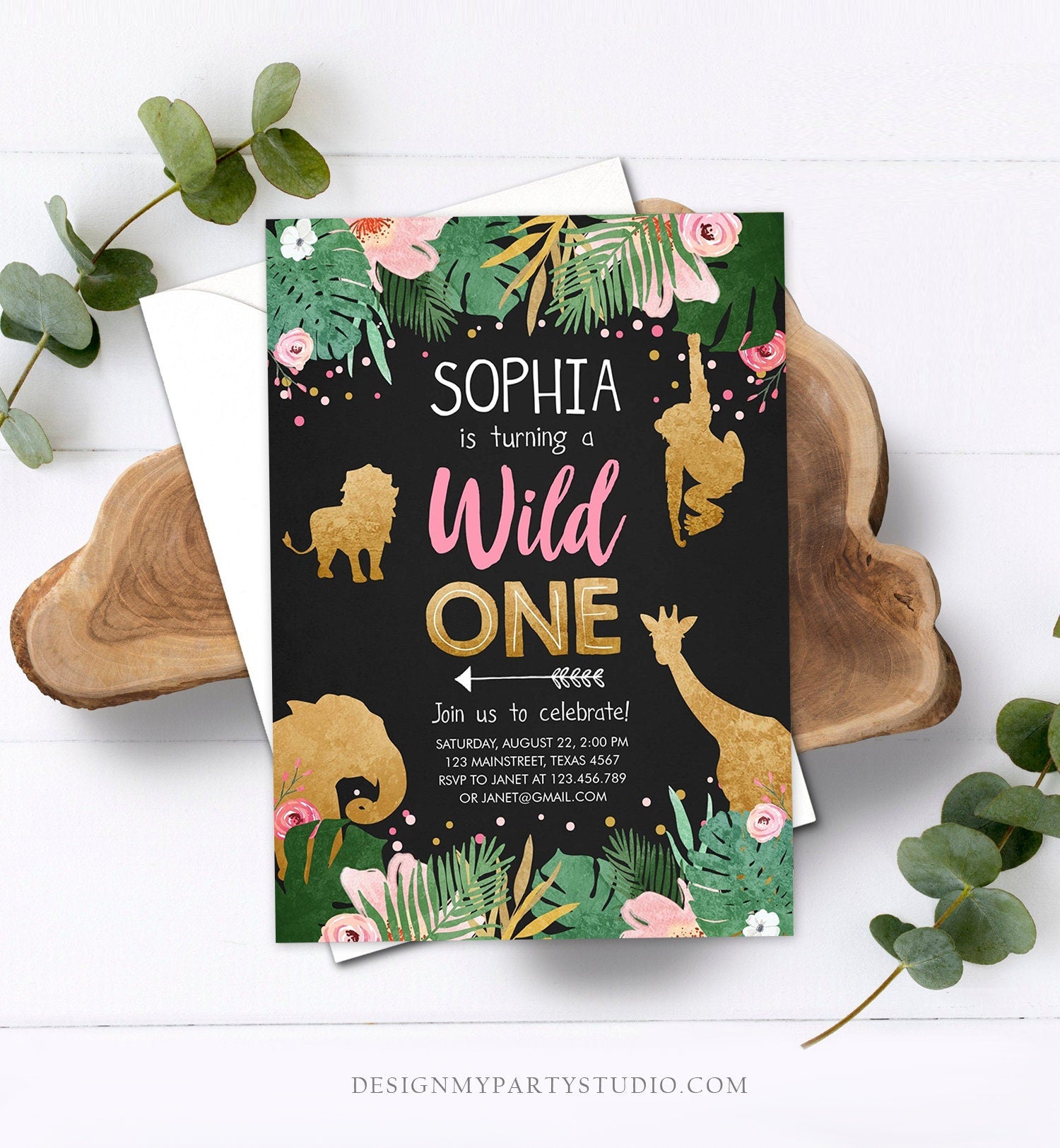 Editable Wild One Birthday Invitation Girl Safari Animals Jungle Zoo Party Animals Pink Gold Instant Download Printable Corjl Template 0016