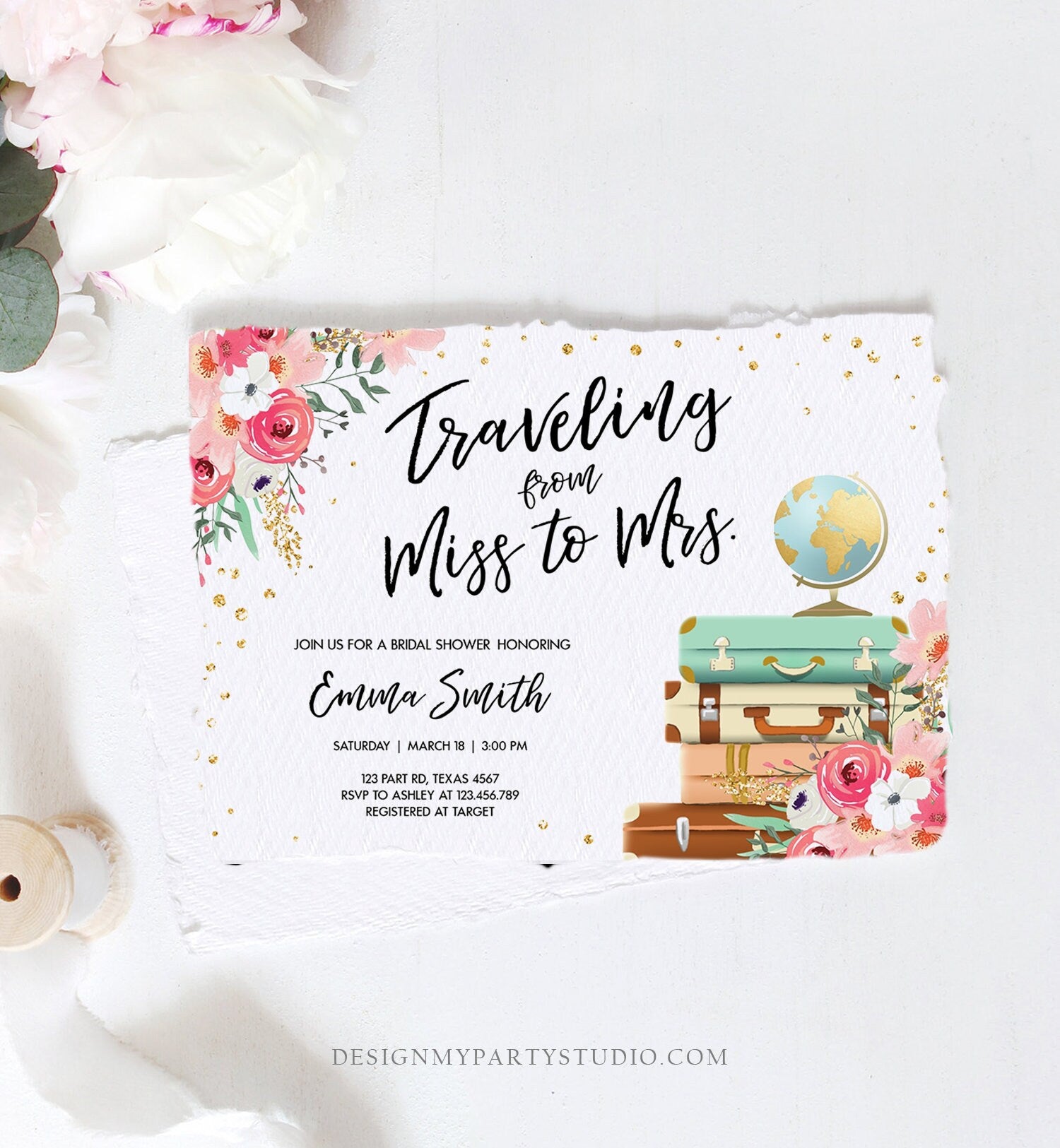 Editable Miss to Mrs Travel Bridal Shower Invitation Flowers Globe Suitcase Gold Confetti Traveling Download Printable Corjl Template 0030