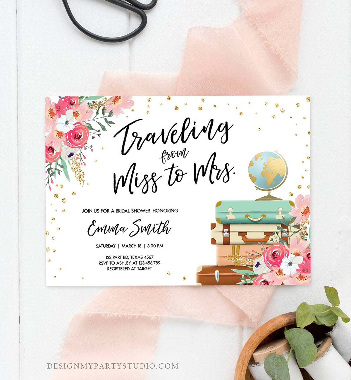 Editable Miss to Mrs Travel Bridal Shower Invitation Flowers Globe Suitcase Gold Confetti Traveling Download Printable Corjl Template 0030