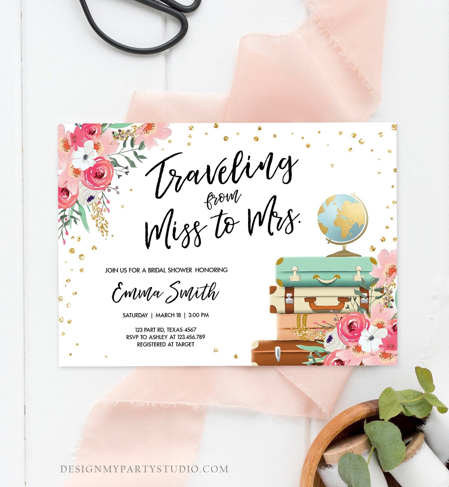 Editable Miss to Mrs Travel Bridal Shower Invitation Flowers Globe Suitcase Gold Confetti Traveling Download Printable Corjl Template 0030