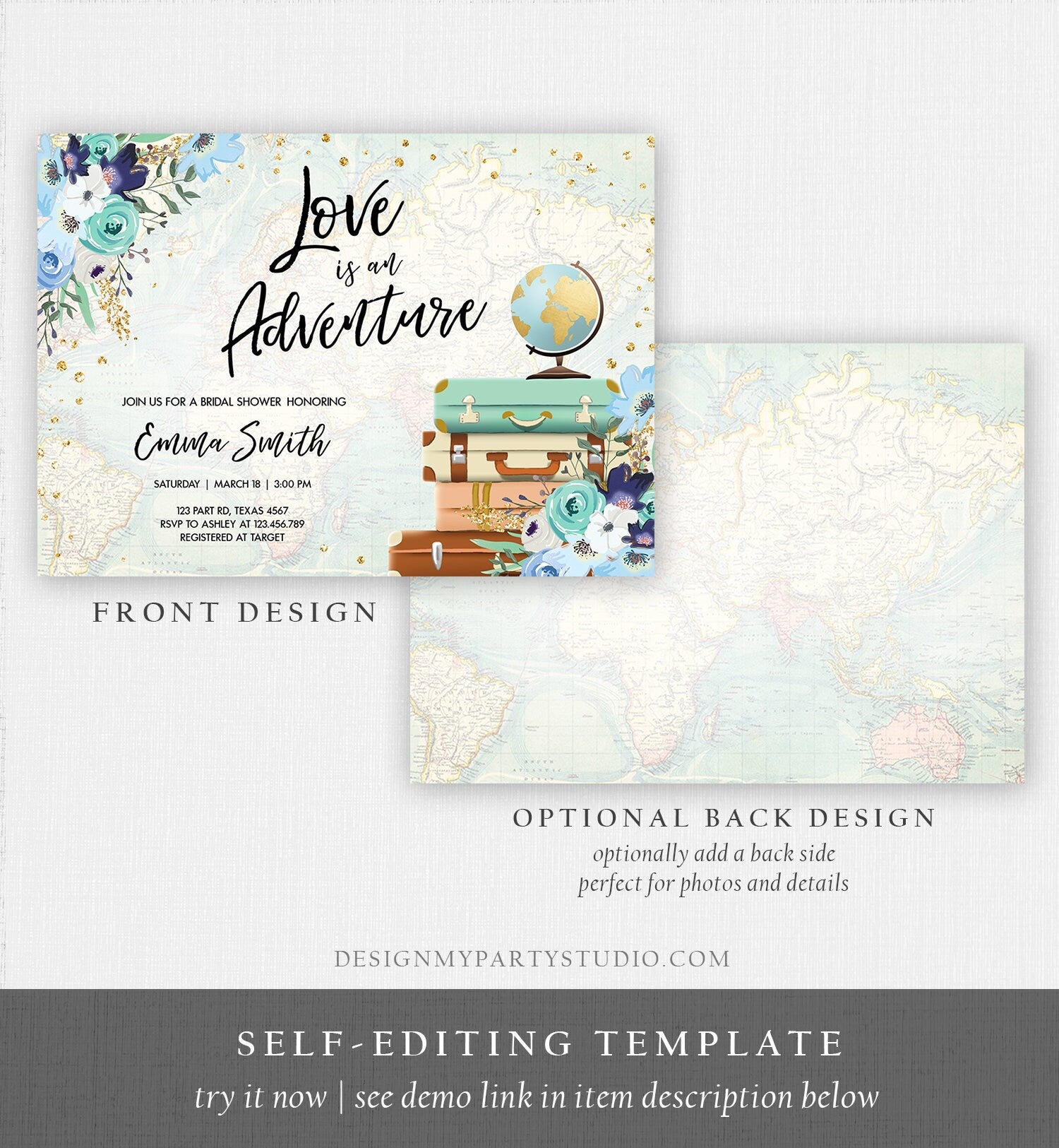 Editable Love is an Adventure Bridal Shower Invitation Miss to Mrs Travel Gold Confetti Blue Floral Suitcases Download Corjl Template 0030