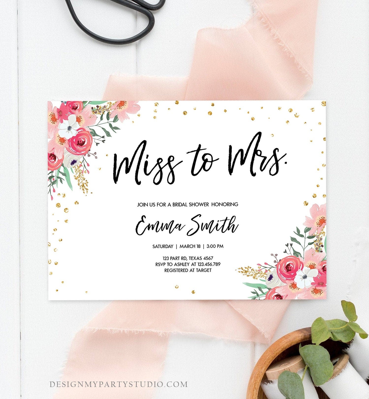 Editable Miss to Mrs Travel Bridal Shower Invitation Flowers Floral Suitcase Gold Confetti Pink Download Printable Corjl Template 0030 0318