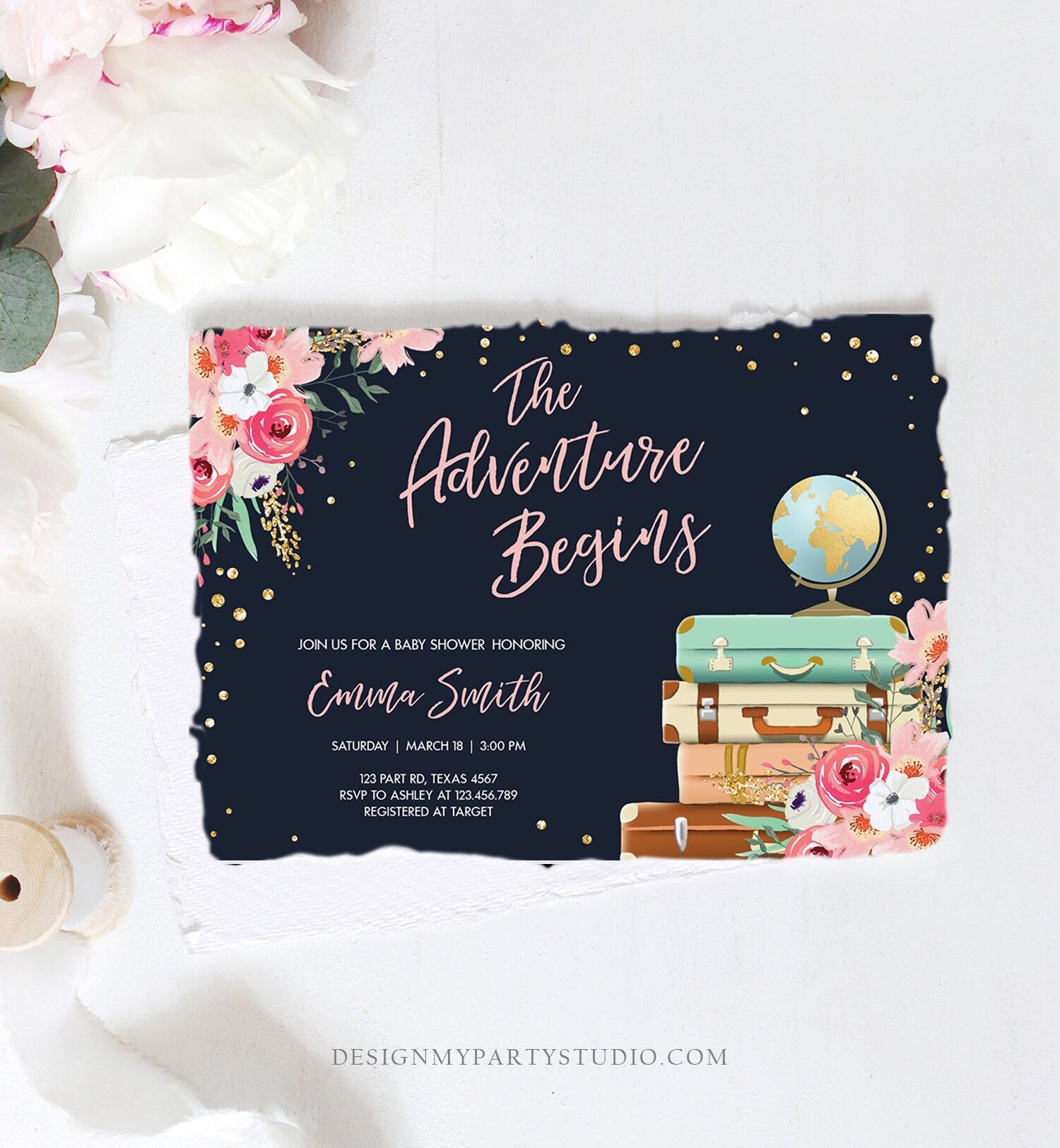 Editable The Adventure Begins Baby Shower Invitation Pink Floral Gold Navy Blue Confetti Suitcases Travel Around World Corjl Template 0030