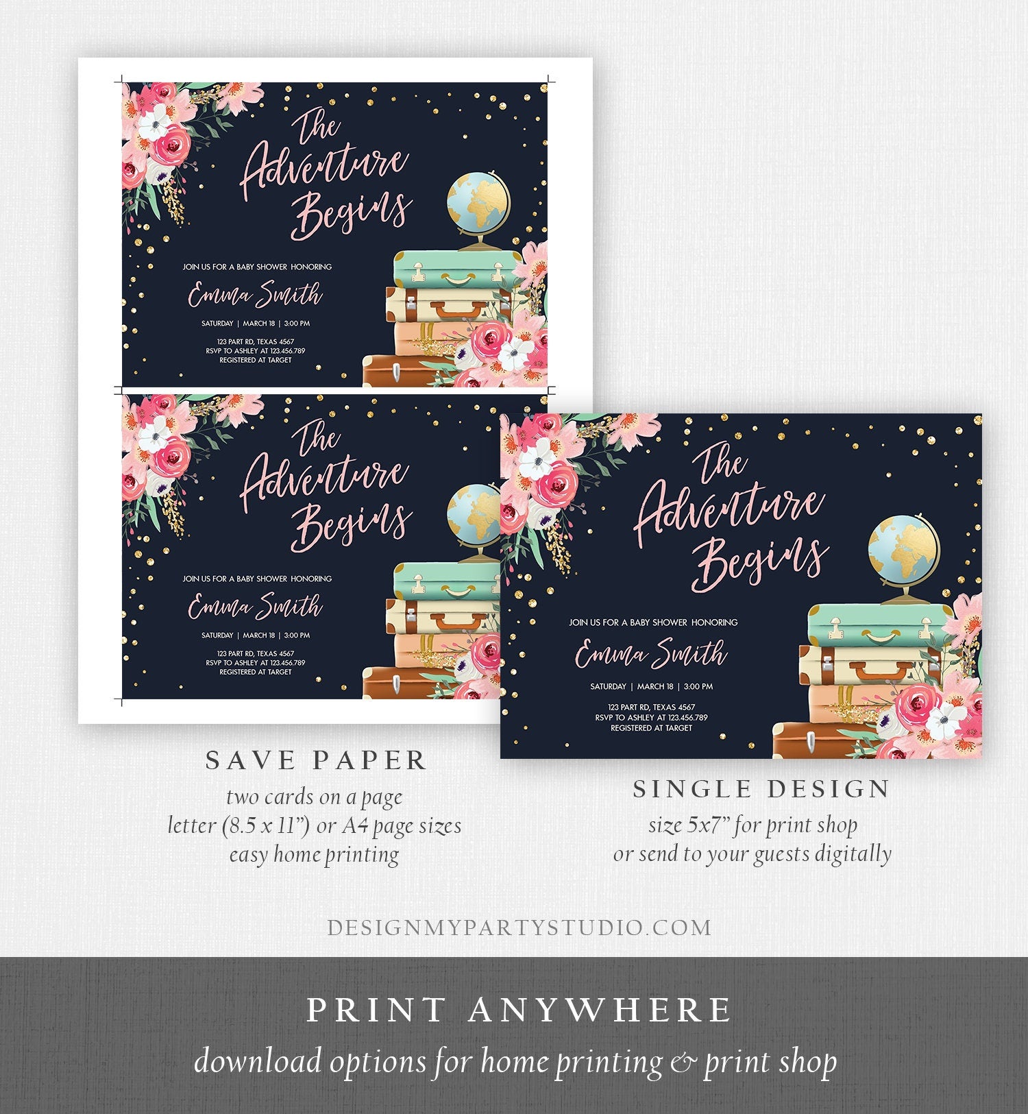 Editable The Adventure Begins Baby Shower Invitation Pink Floral Gold Navy Blue Confetti Suitcases Travel Around World Corjl Template 0030