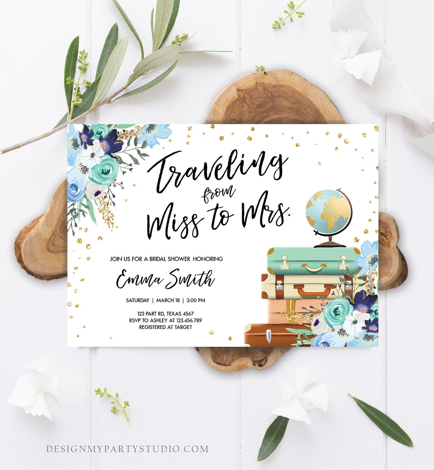 Editable Miss to Mrs Travel Bridal Shower Invitation Flowers Globe Suitcase Gold Confetti Traveling Blue Floral Corjl Template 0030