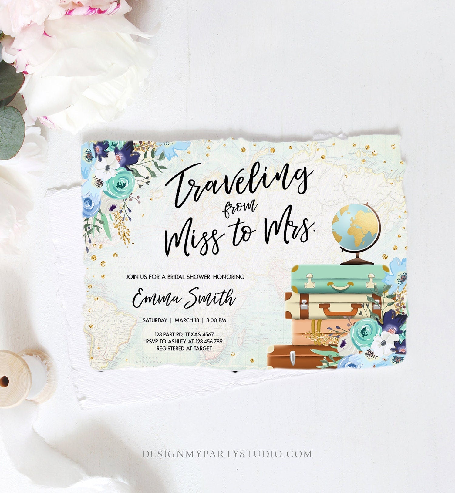 Editable Miss to Mrs Travel Bridal Shower Invitation Flowers Globe Suitcase Gold Confetti Traveling Blue Floral Corjl Template 0030