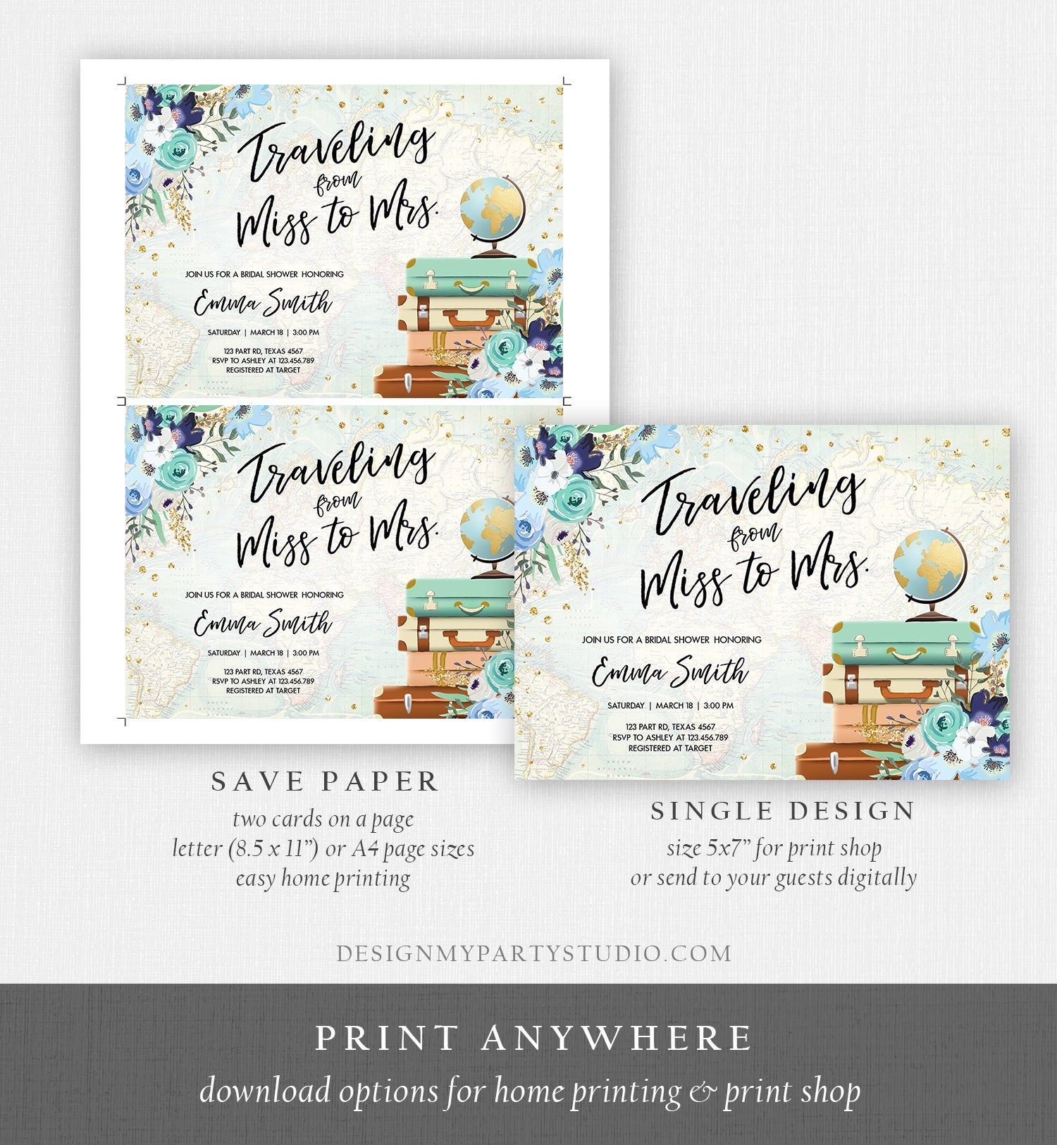 Editable Miss to Mrs Travel Bridal Shower Invitation Flowers Globe Suitcase Gold Confetti Traveling Blue Floral Corjl Template 0030