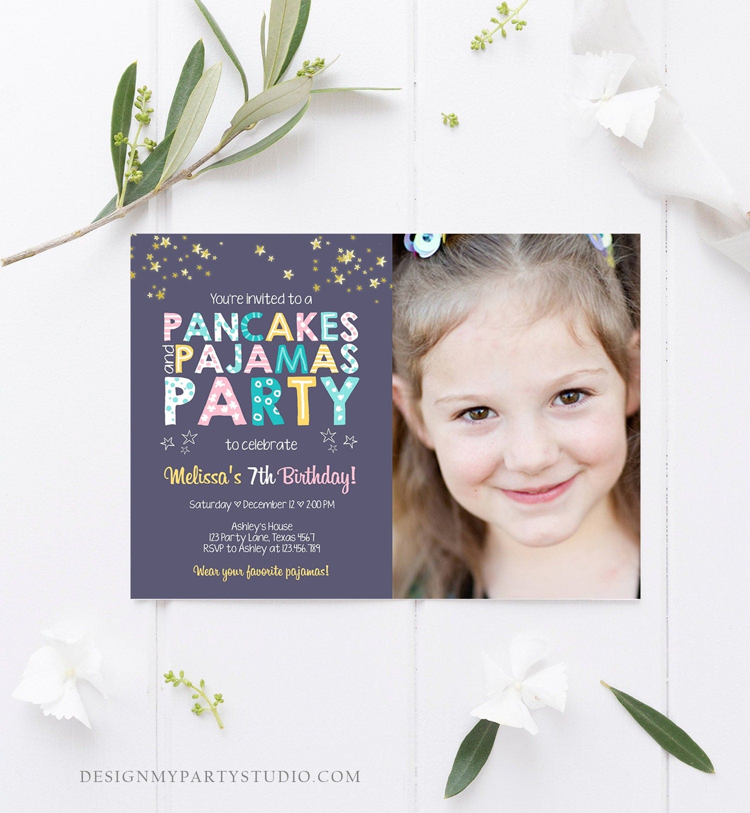 Editable Pancakes and Pajamas Birthday Invitation Movie Night Pancake Party Girl Pink Purple Green Stars Corjl Template Printable 0218