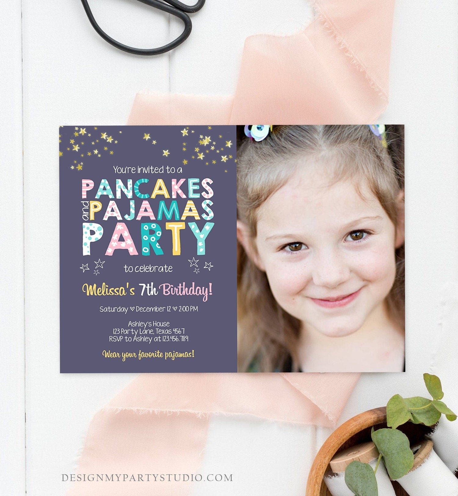 Editable Pancakes and Pajamas Birthday Invitation Movie Night Pancake Party Girl Pink Purple Green Stars Corjl Template Printable 0218