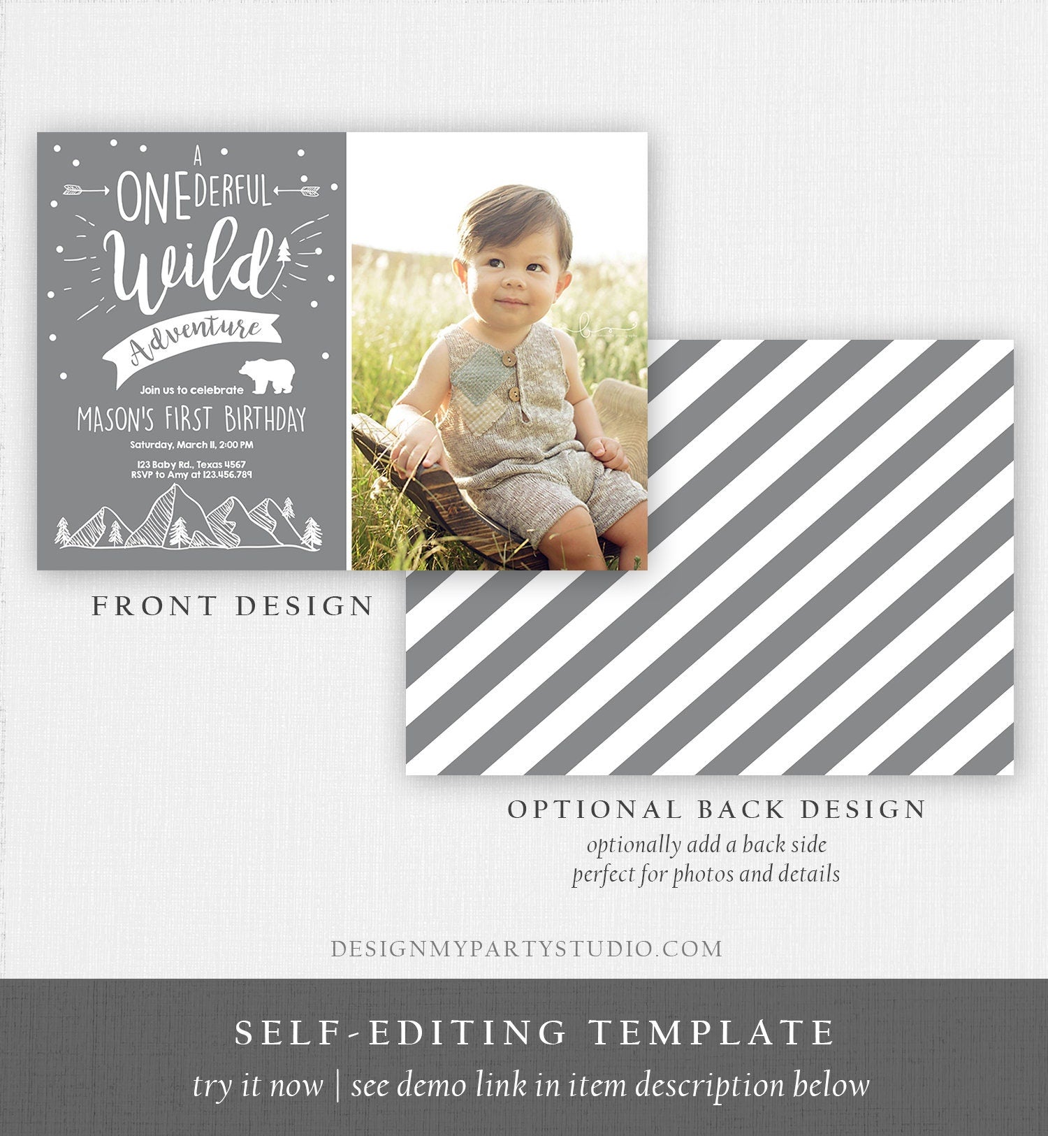 Editable A Onederful Wild Adventure First Birthday Invitation Wild Things Boy Mountains Bear Outdoor Gray Grey Photo Corjl Template 0083