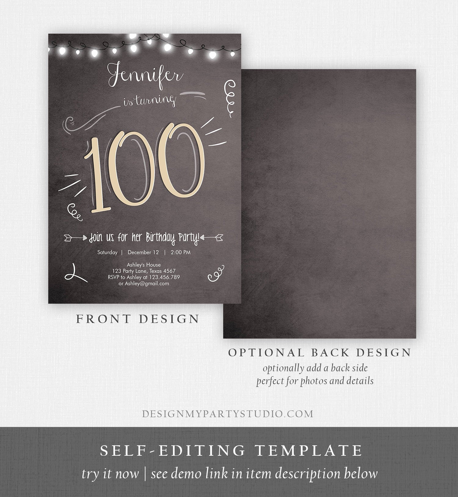 Editable 100th Birthday Invitation Chalkboard Rustic Adult Birthday Invitation Hundred Download Printable Invitation Template Corjl 0230