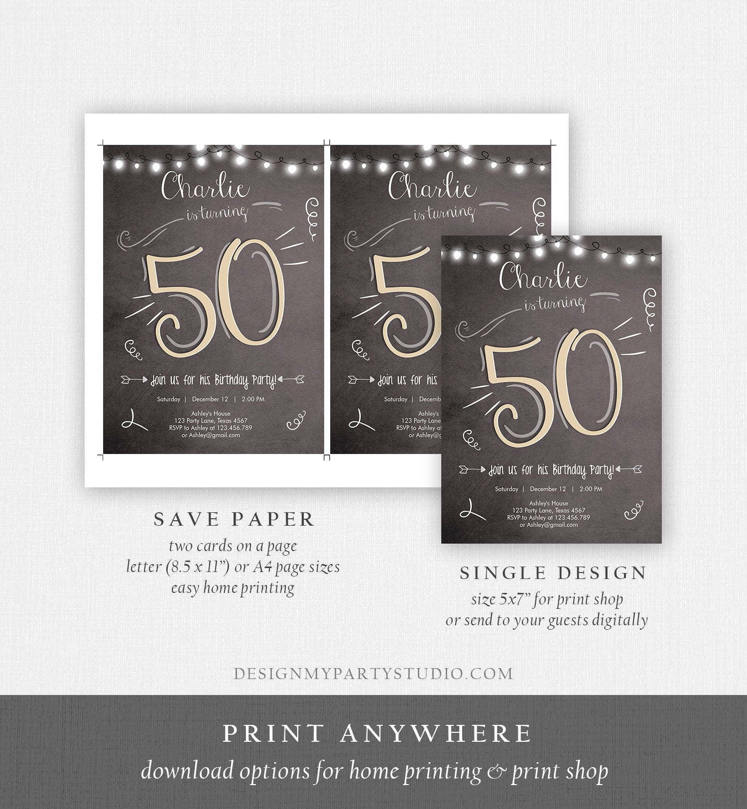 Editable 50th Birthday Invitation Vintage Rustic Adult Birthday Invitation Fifty Download Printable Invitation Template Corjl 0230