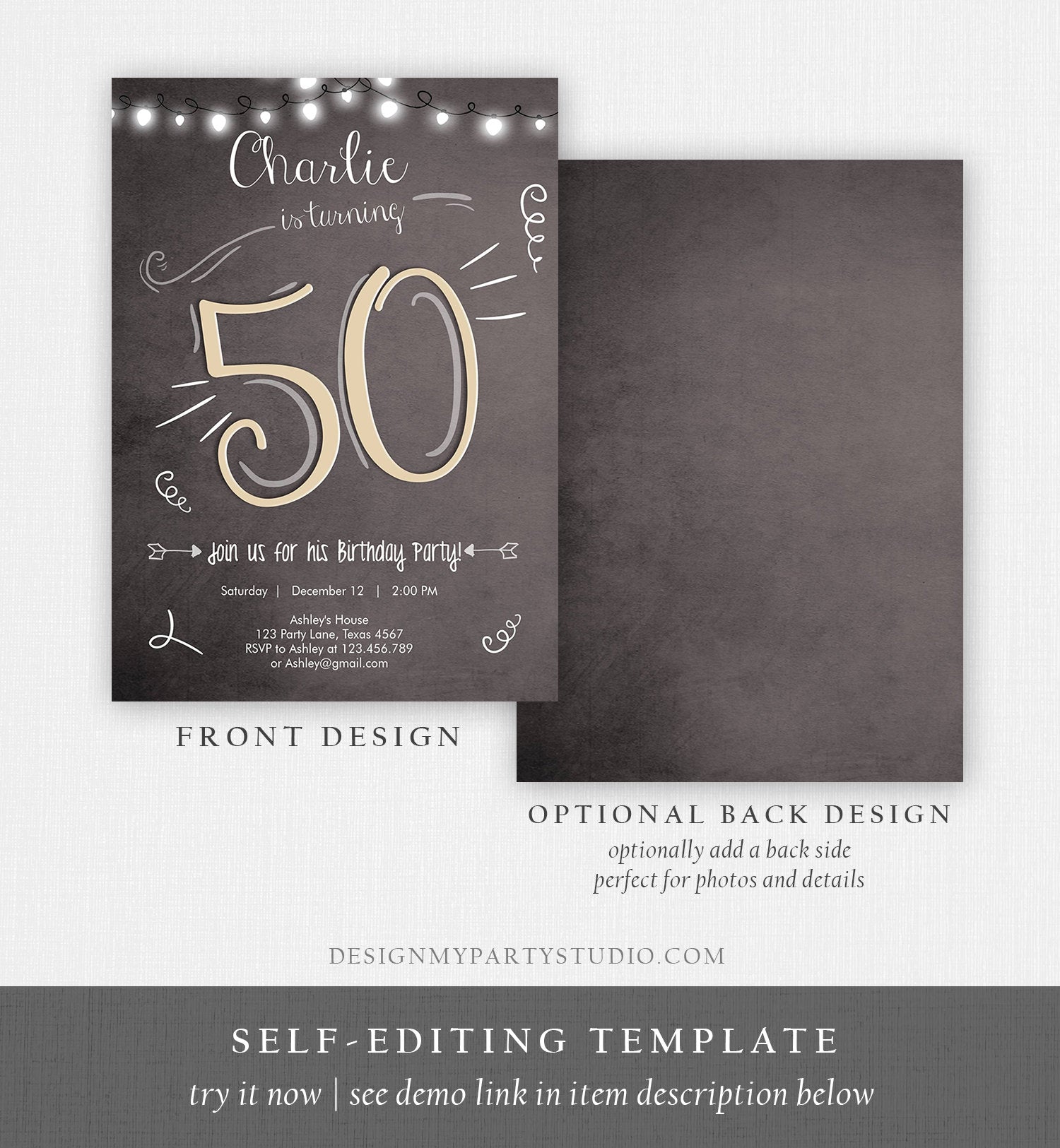 Editable 50th Birthday Invitation Vintage Rustic Adult Birthday Invitation Fifty Download Printable Invitation Template Corjl 0230