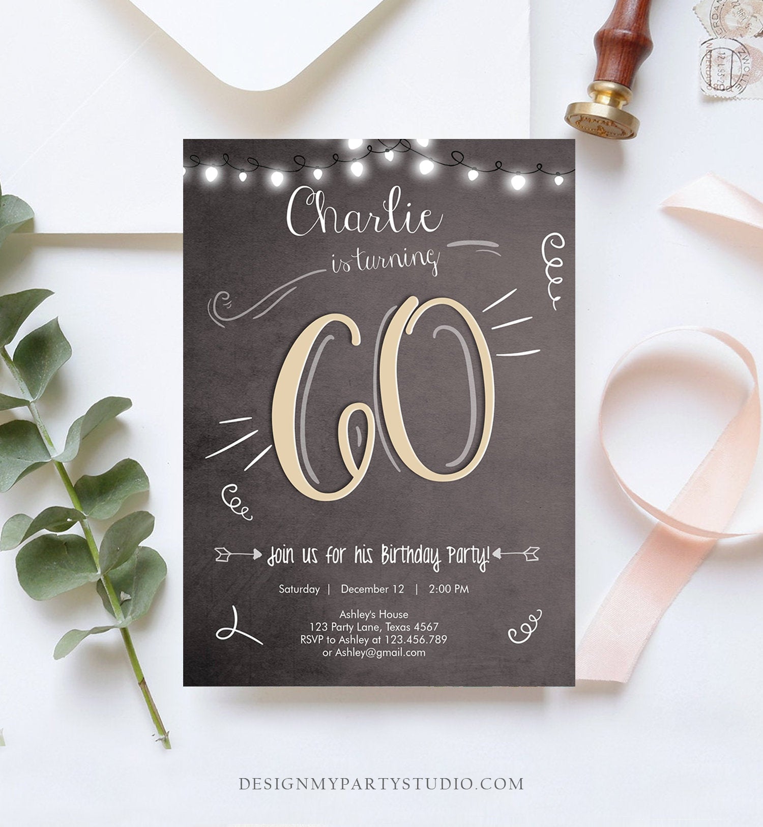 Editable 60th Birthday Invitation Chalkboard Rustic Adult Birthday Invitation Sixty Download Printable Invitation Template Corjl 0230