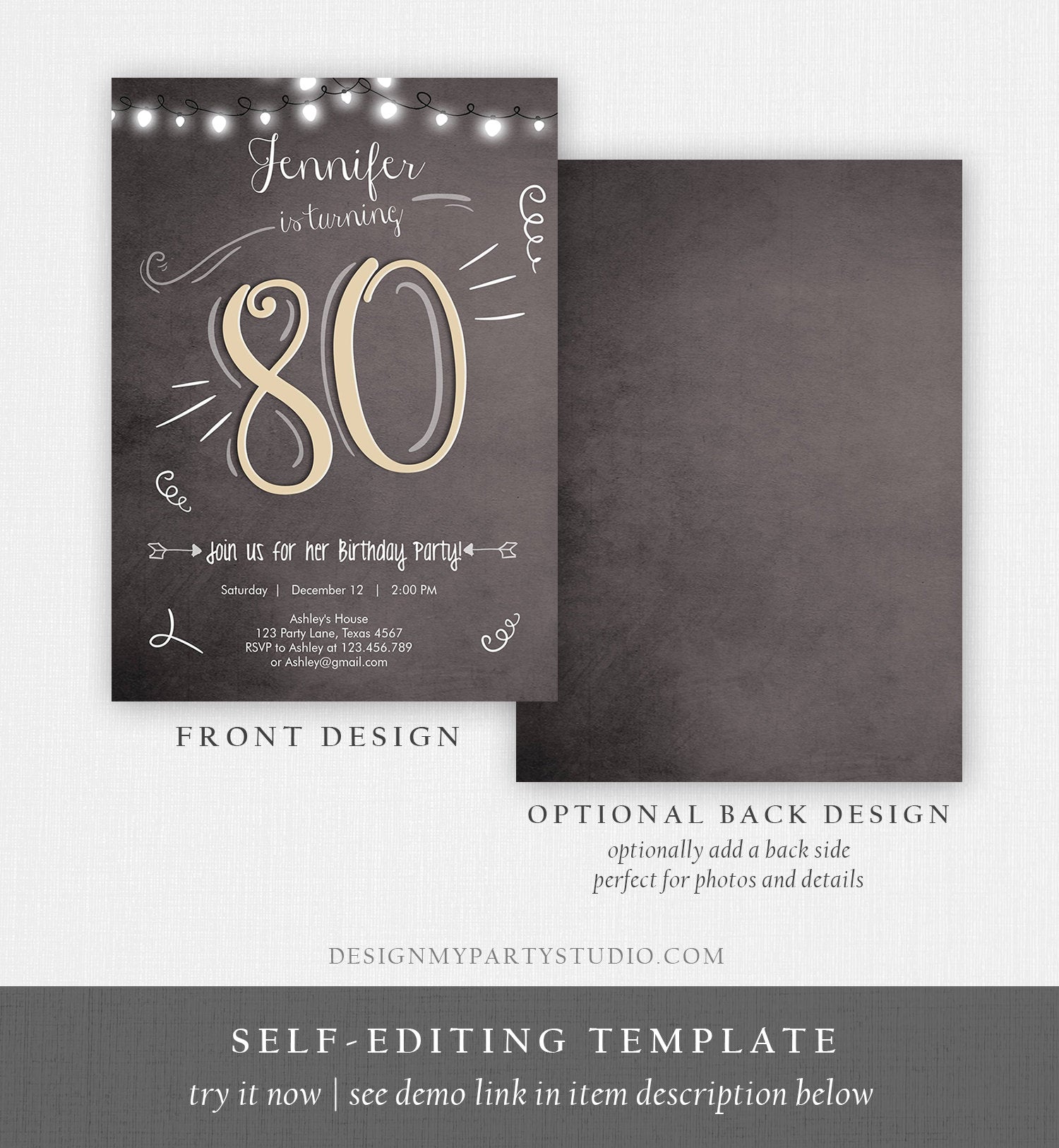 Editable 80th Birthday Invitation Chalkboard Rustic Adult Birthday Invitation Eighty Download Printable Invitation Template Corjl 0230