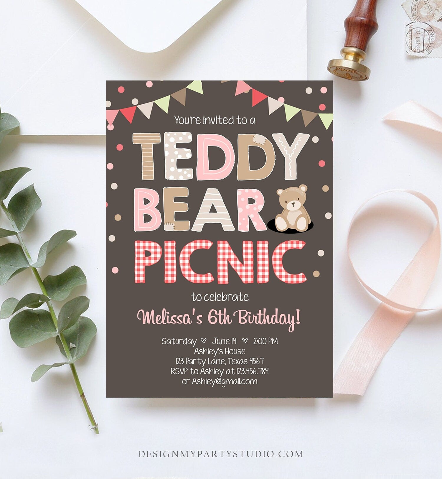 Editable Teddy Bear Picnic Birthday Invitation Girl Pink Red Gingham Bear Picnic Summer Outdoor Party Printable Digital Corjl Template 0100