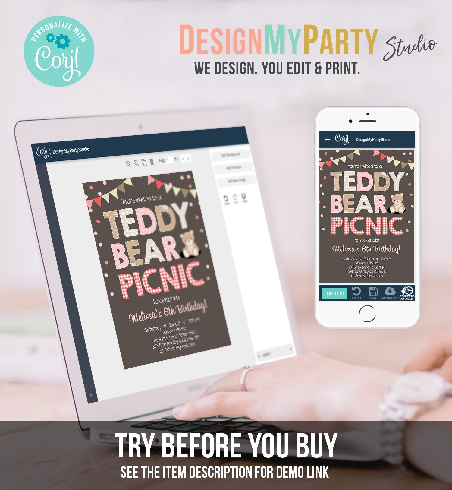 Editable Teddy Bear Picnic Birthday Invitation Girl Pink Red Gingham Bear Picnic Summer Outdoor Party Printable Digital Corjl Template 0100