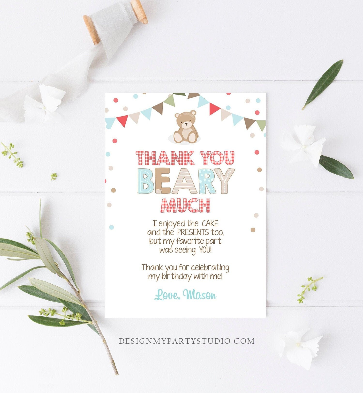 Editable Thank You Card Teddy Bear Birthday Picnic Beary Much Boy Blue Woodland Download Printable Thank You Template Digital Corjl 0100