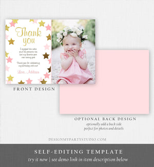 Editable Thank You Card Stars Thank you Note Twinkle Little Star Birthday Girl Pink and Gold Download Printable Template Corjl Digital 0082