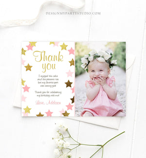 Editable Thank You Card Stars Thank you Note Twinkle Little Star Birthday Girl Pink and Gold Download Printable Template Corjl Digital 0082