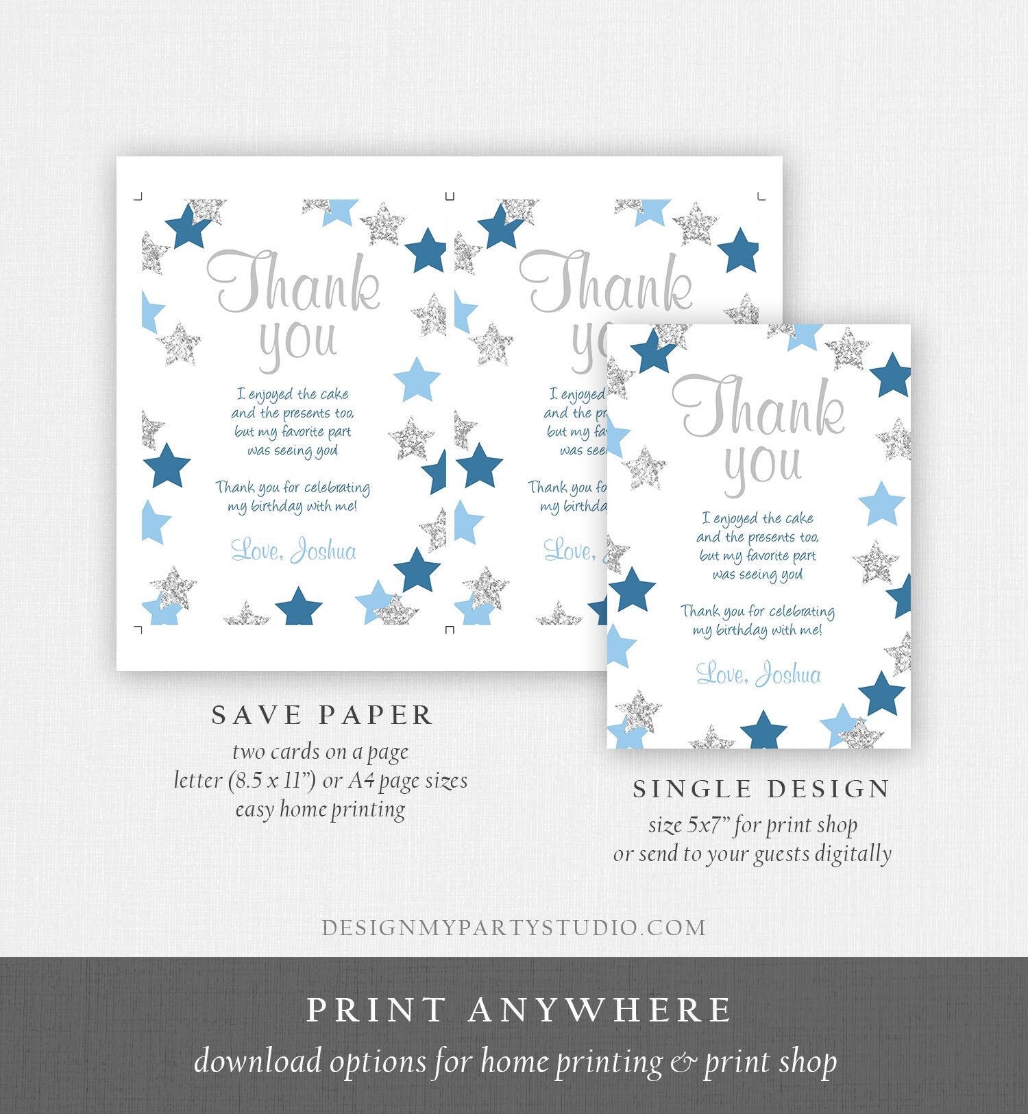 Editable Thank You Card Stars Thank you Note Twinkle Little Star Birthday Boy Blue and Silver Download Printable Template Corjl Digital 0082