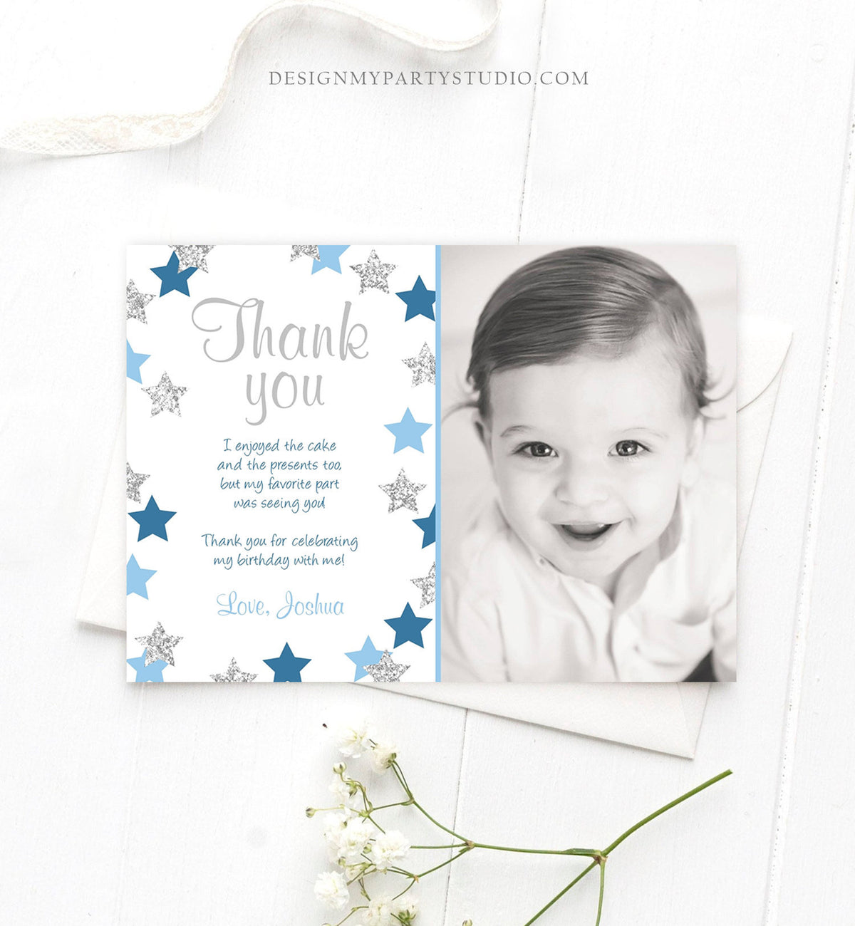 Editable Thank You Card Stars Thank you Note Twinkle Little Star Birthday Boy Blue and Silver Download Printable Template Corjl Digital 0082