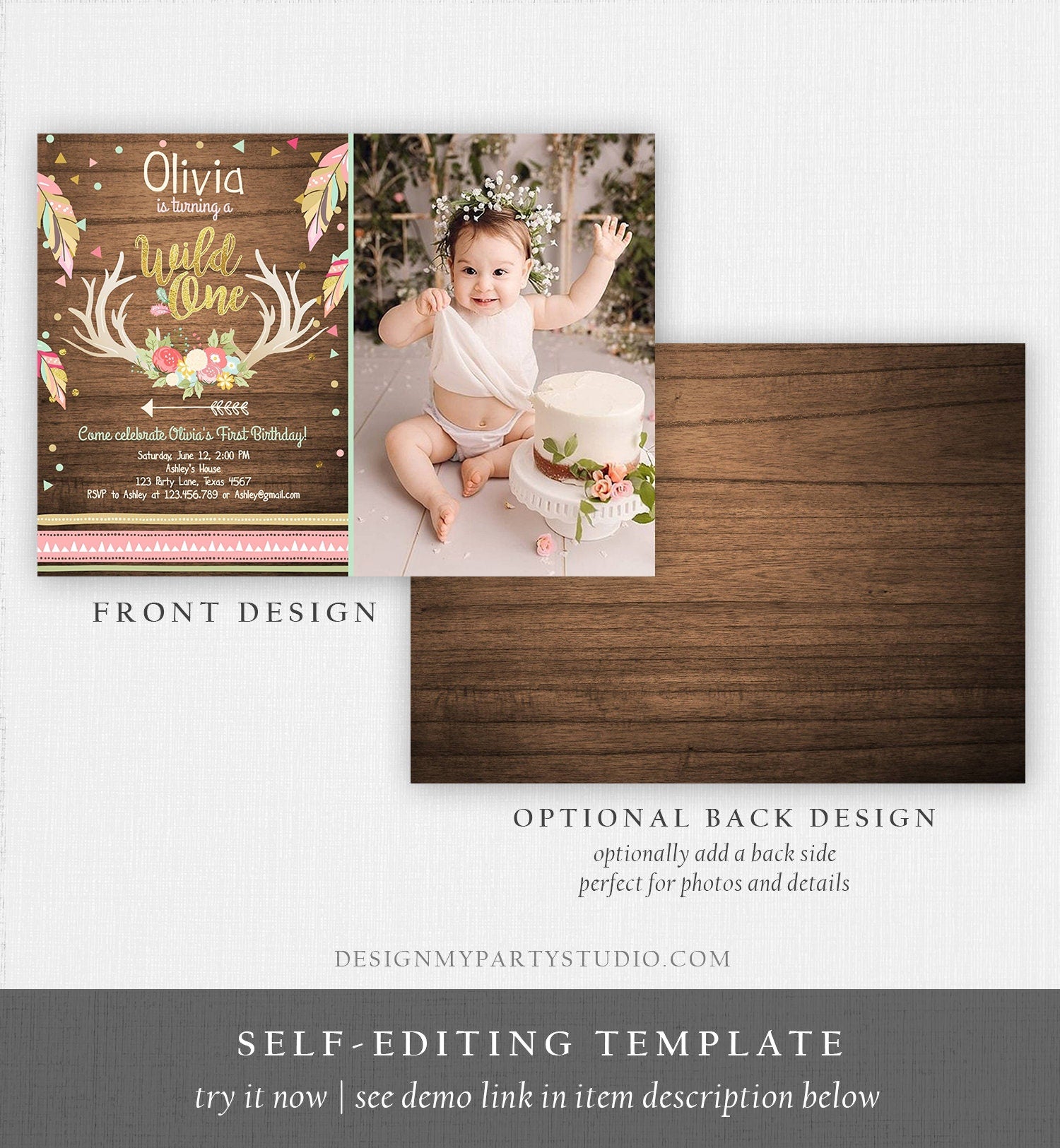 Editable Birthday Invitation Wild One Girl Antler Tribal Arrow Feathers First Birthday Wood Pink Gold Download Printable Template Corjl 0073