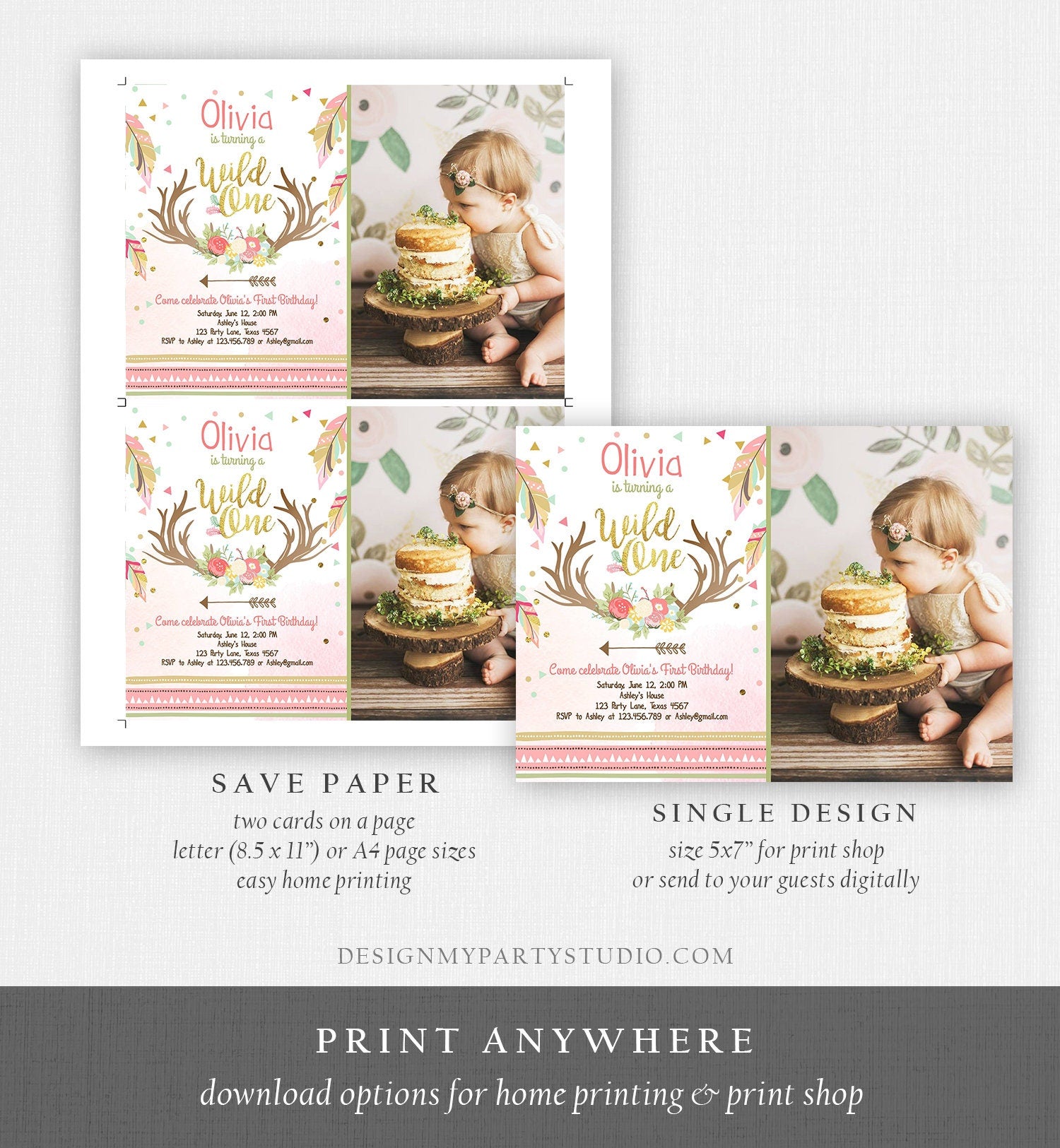 Editable Birthday Invitation Wild One Girl Antler Tribal Arrow Feathers First Birthday Pink Gold Download Printable Template Corjl 0073