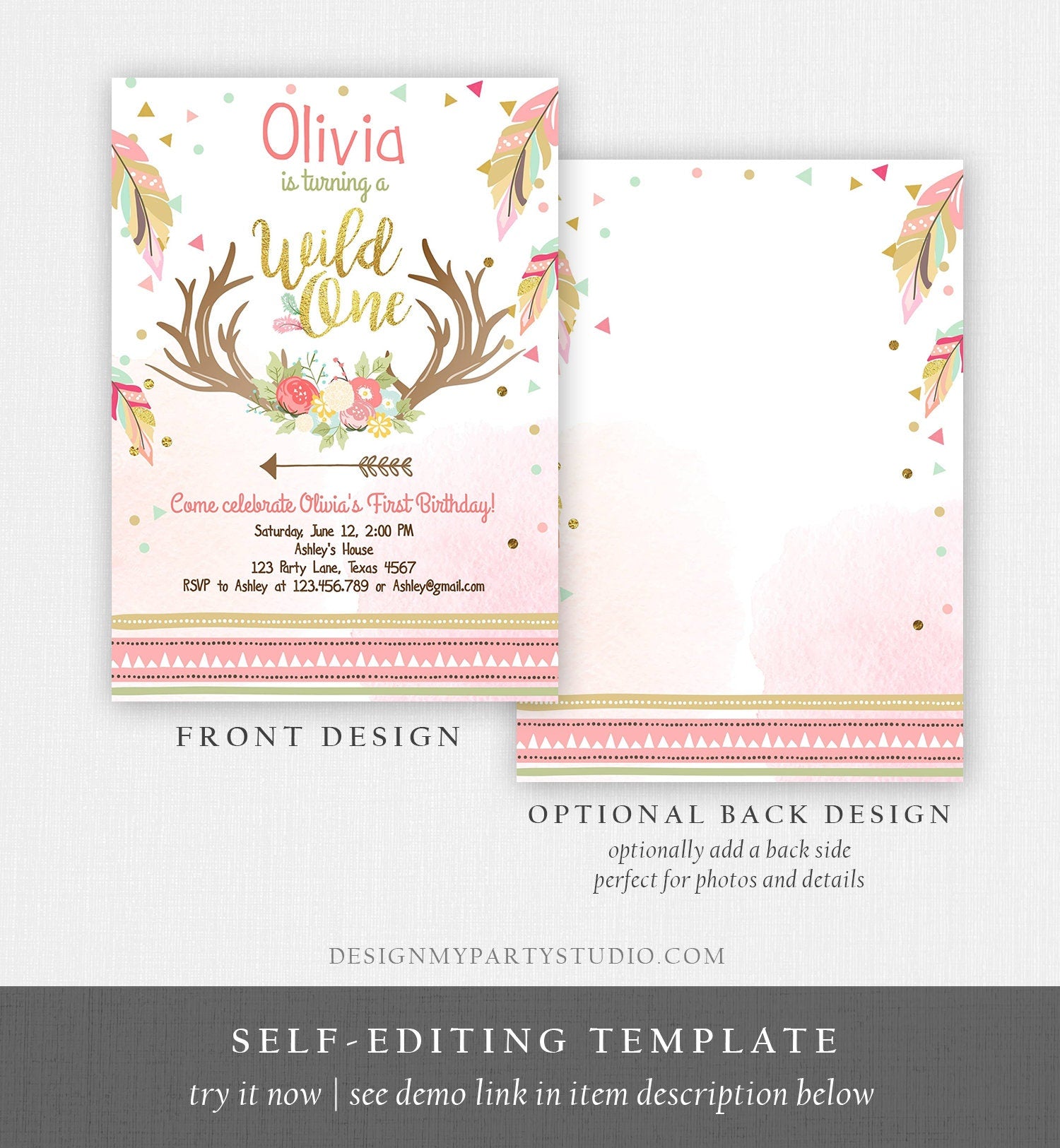 Editable Birthday Invitation Wild One Girl Antler Tribal Arrow Feathers First Birthday Pink Gold Download Printable Template Corjl 0073