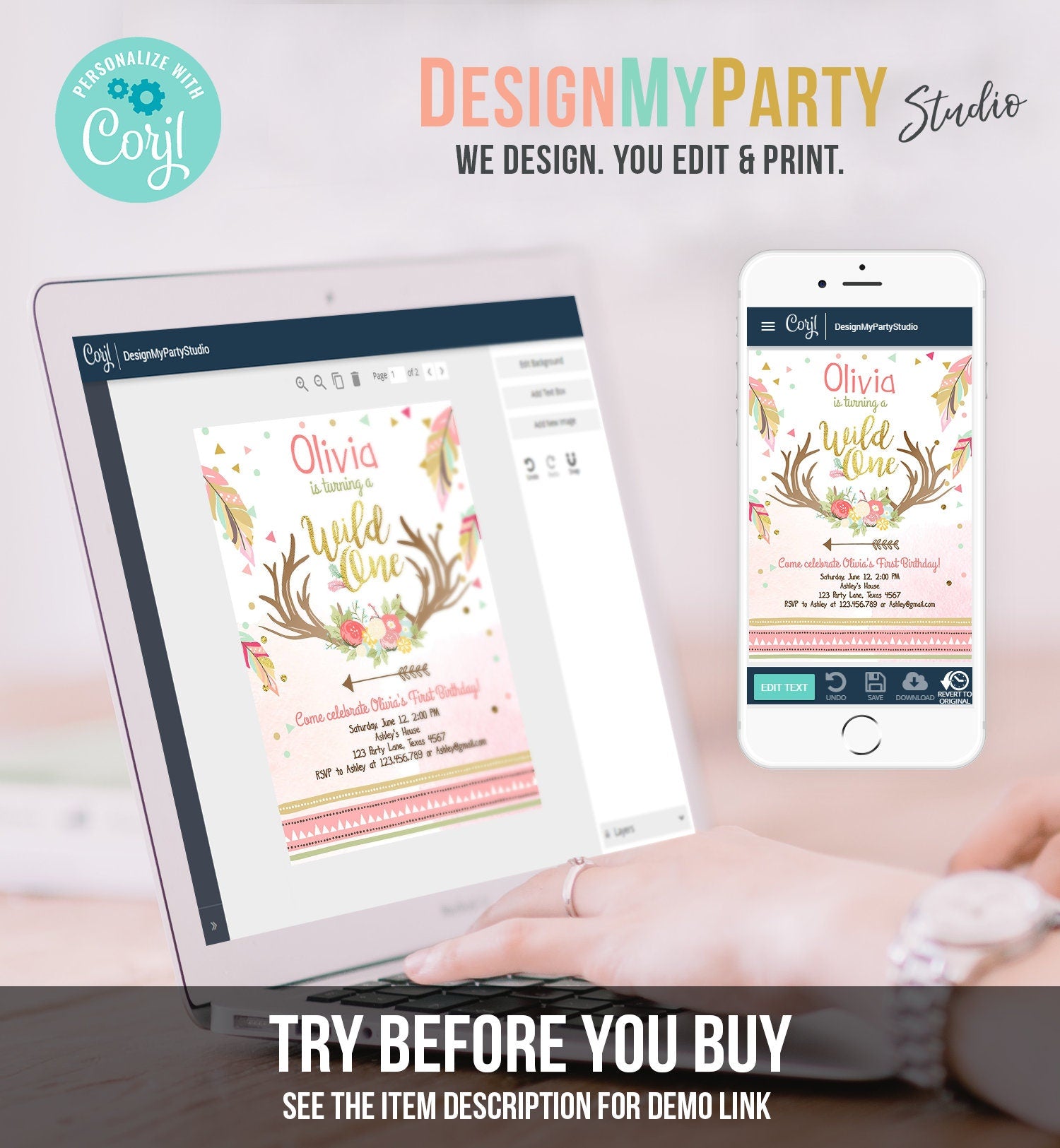 Editable Birthday Invitation Wild One Girl Antler Tribal Arrow Feathers First Birthday Pink Gold Download Printable Template Corjl 0073