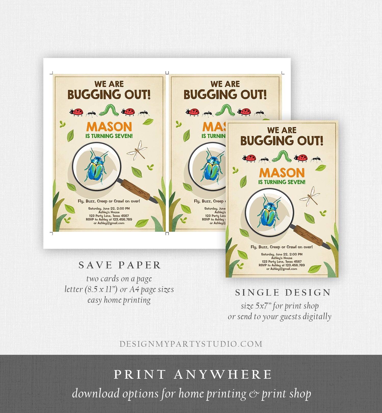 Editable Bug Birthday Invitation Insect Party We Are Bugging Out bug Hunt Bugs Boy Printable Invitation Template Digital Corjl 0090